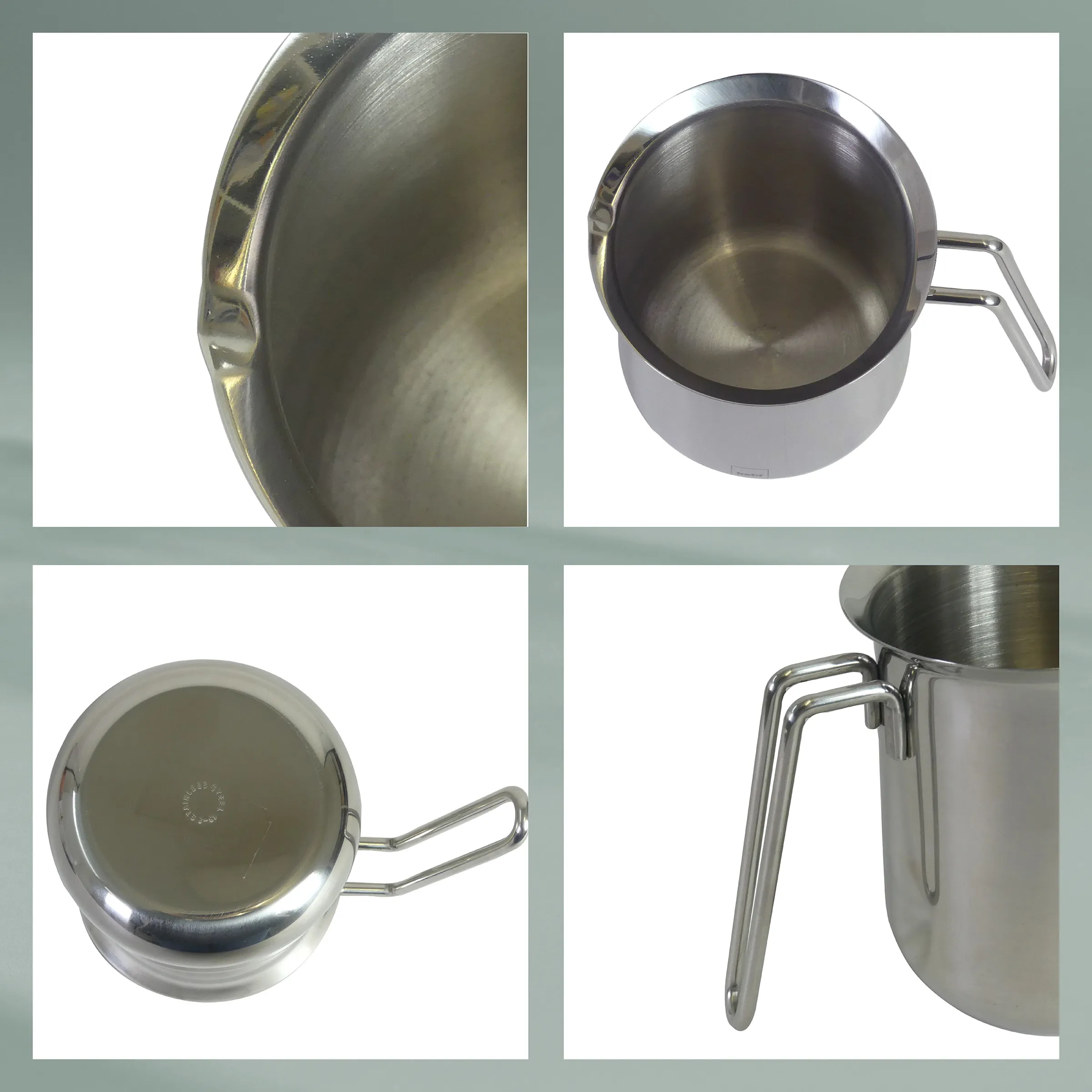Edelstahl Messbecher mit ergonomischem Griff Edelstahl-Messbecher mit Griff in verschiedenen Ansichten, zeigt Oberfläche, Seite und Details