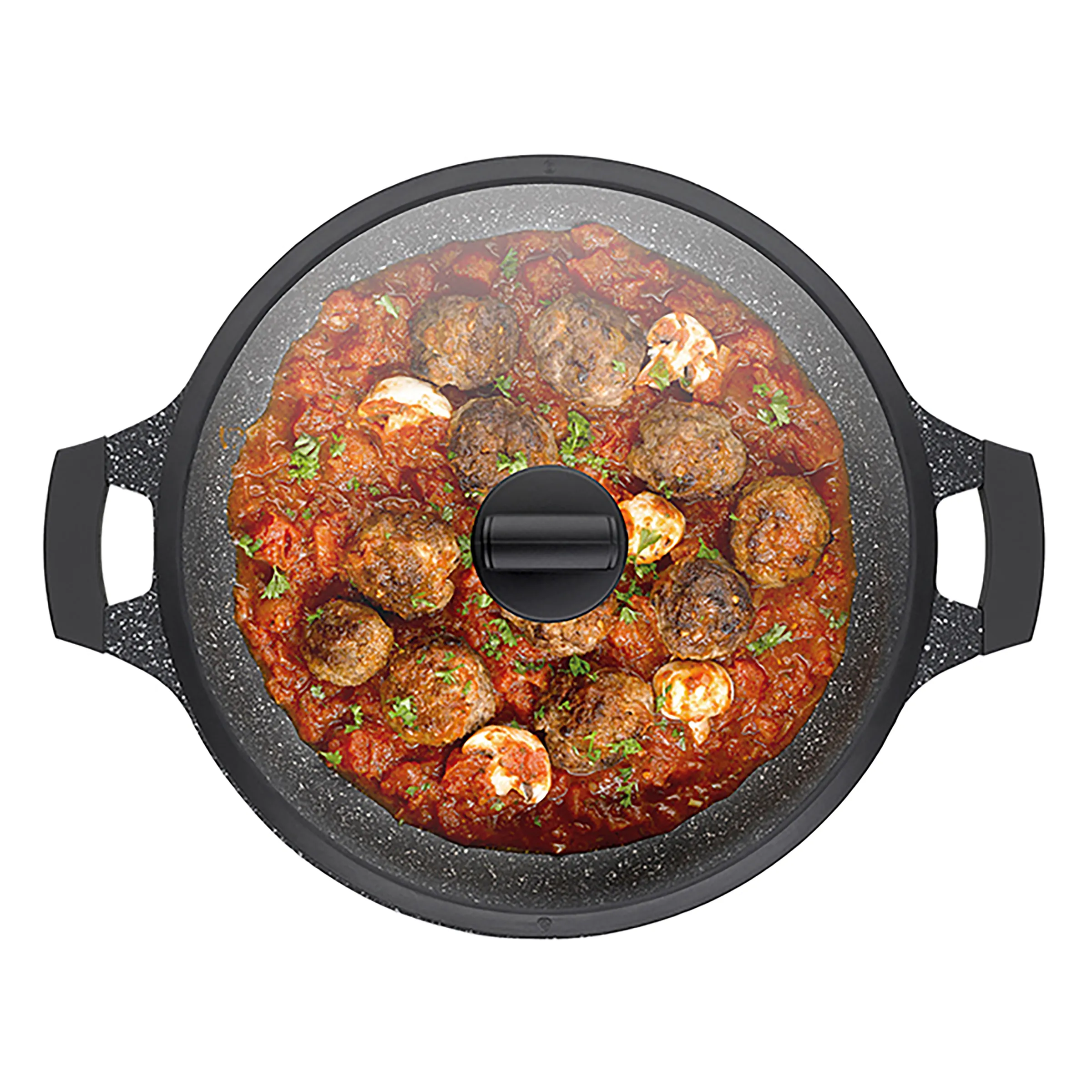 Fleischbällchen Eintopf - Schmortopf mit Ragù Schwarzer Topf mit Fleischbällchen in Tomatensauce und Kräutern auf weißem Hintergrund