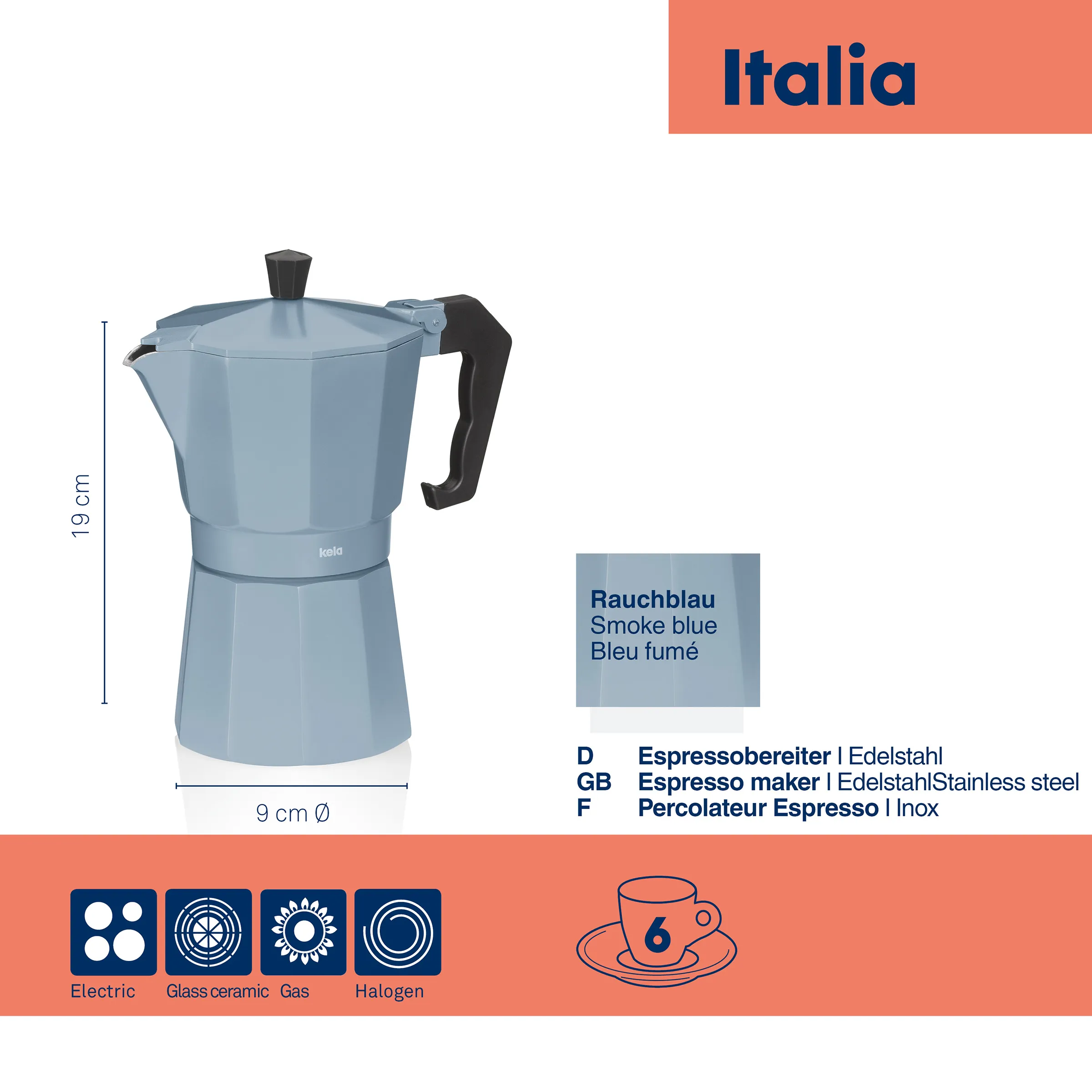 Italia Espressokocher rauchblau 6 Tassen Edelstahl - Kela Espressokanne für alle Herdarten Rauchblaue Espressokanne Italia von Kela, 6 Tassen, 19 cm hoch, für alle Herdarten, Edelstahl