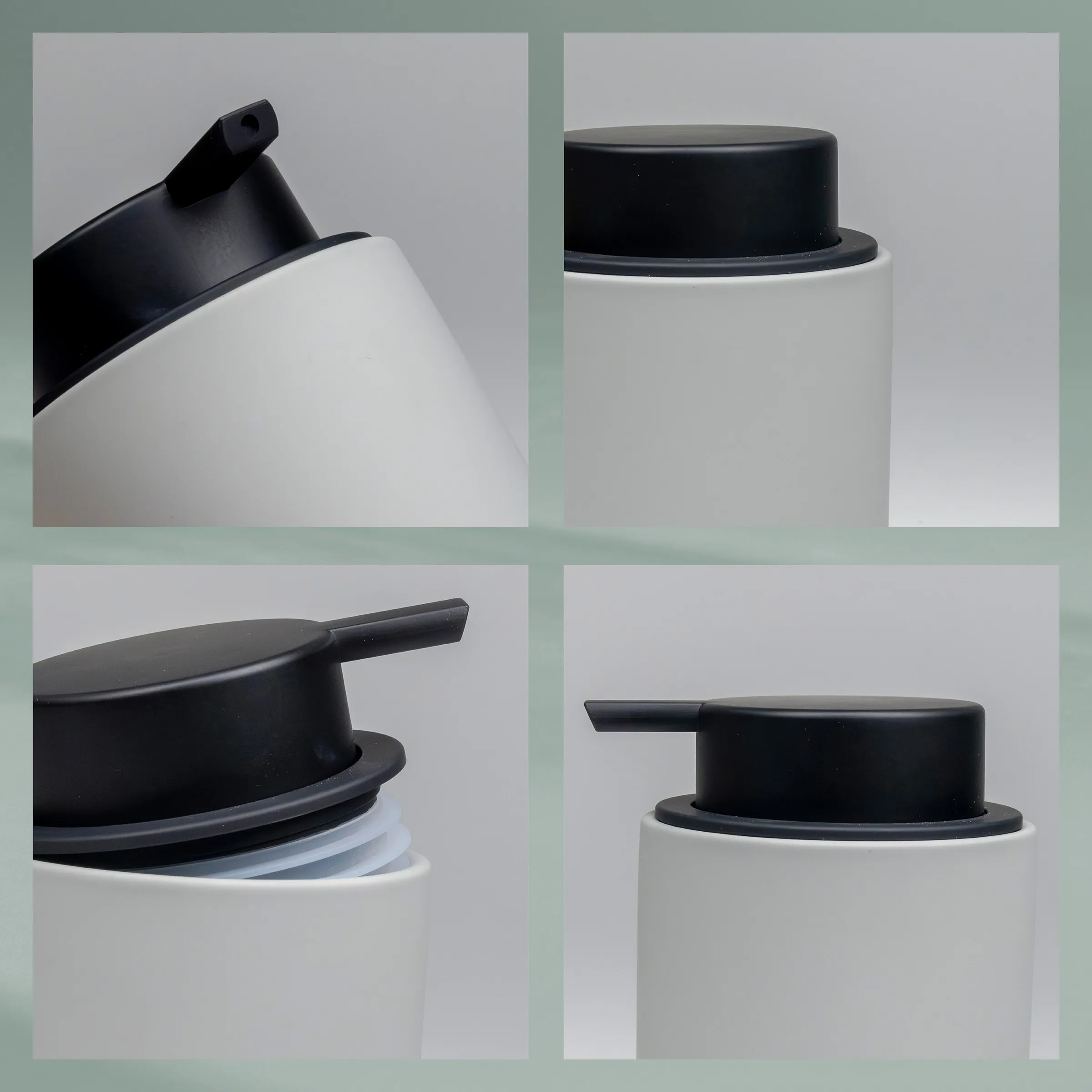 Trinkflasche mit Flip-Top-Verschluss - Weiß/Schwarz Sportflasche Produktdetails Weiße Trinkflasche mit schwarzem Flip-Top-Verschluss in vier Detailansichten auf grauem Hintergrund