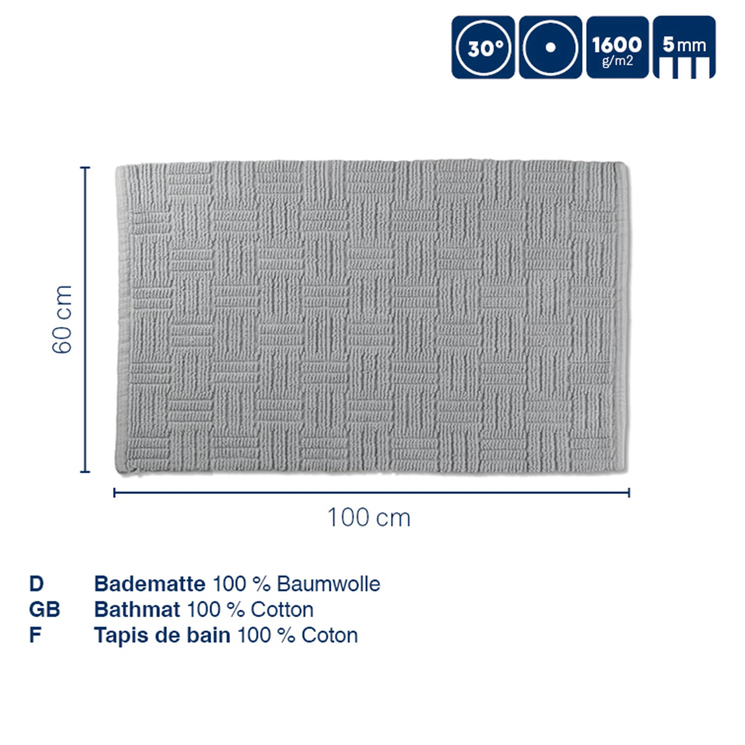 Baumwoll Badematte 100x60 cm - Hochwertige Badezimmermatte Grau melierte Badematte 100x60 cm aus 100% Baumwolle mit strukturiertem Muster und technischen Eigenschaften