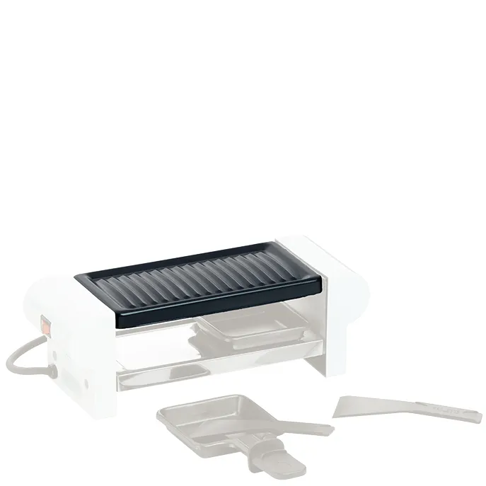 Tischgrill mit Zubehör - Kompakt und tragbar Kompakter Tischgrill mit schwarzem Grill-Aufsatz und weißem Kunststoffgehäuse. Zwei herausnehmbare Behälter und Zubehör im Lieferumfang.