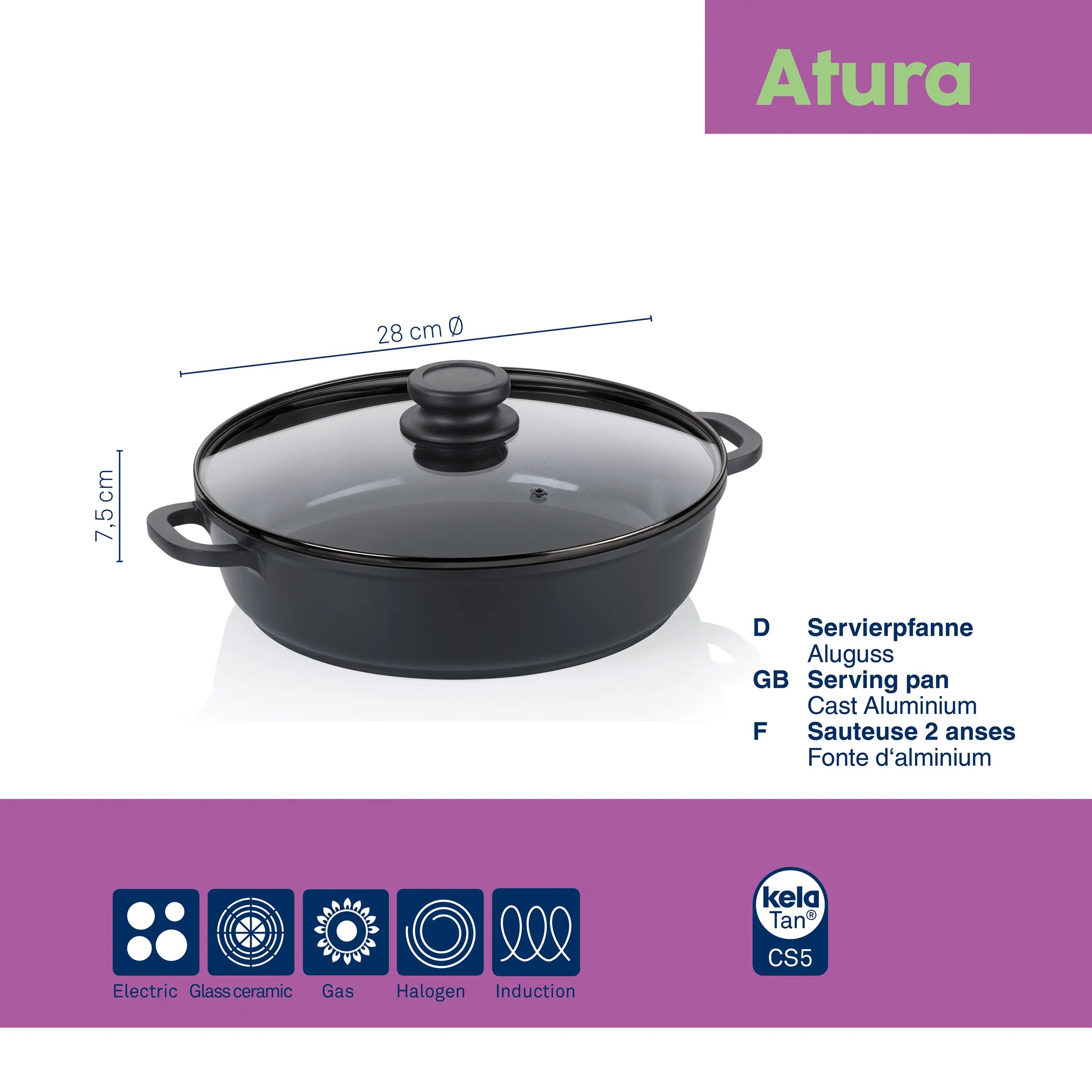 Servierpfanne Atura Aluguss schwarz 7,5cm 28,0cmØ 3,5l