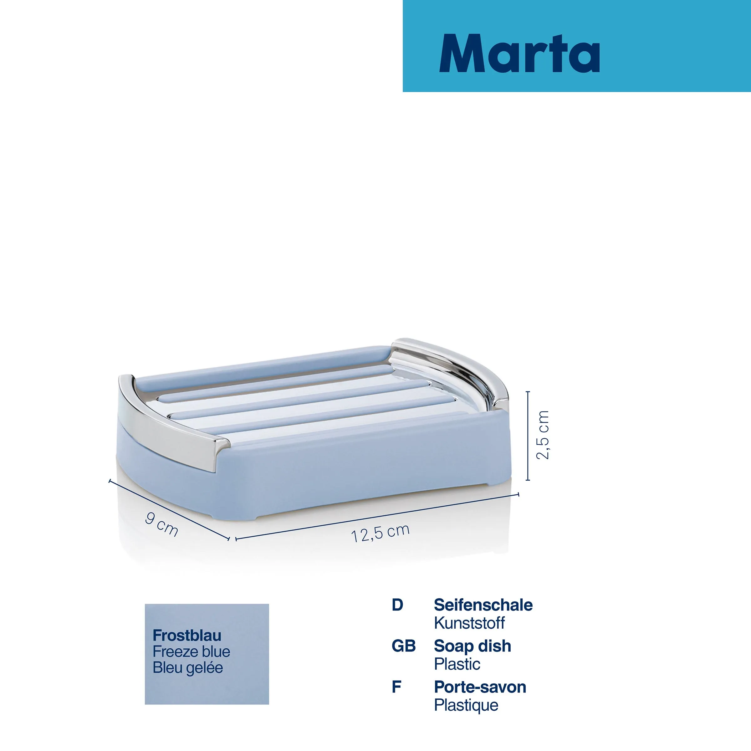 Marta Seifenschale Frostblau - Kunststoff Soap Dish Frostblaue Seifenschale aus Kunststoff mit Maßangaben: 12,5 cm x 9 cm x 2,5 cm, metallicfarbenen Griffen