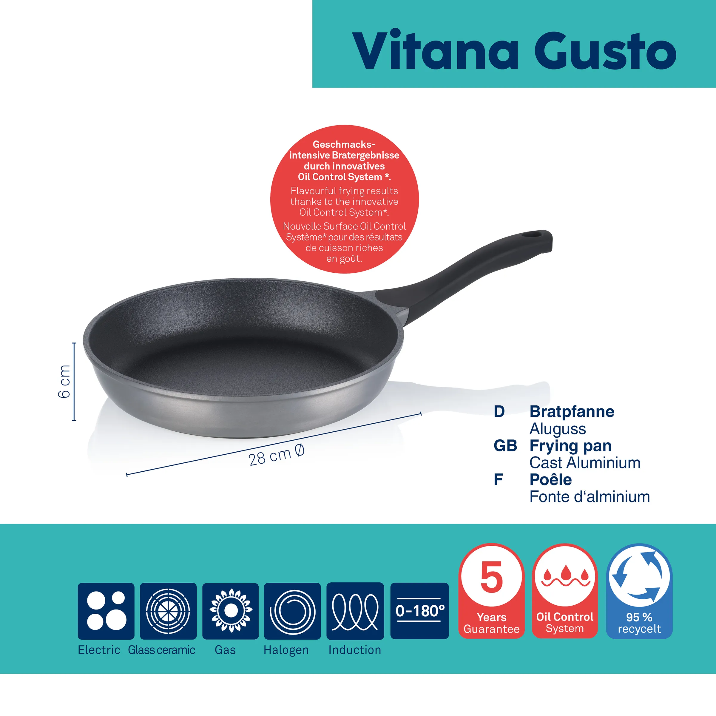 Vitana Gusto Bratpfanne 28 cm aus Aluguss mit Oil Control System, 5 Jahre Garantie, für alle Herdarten