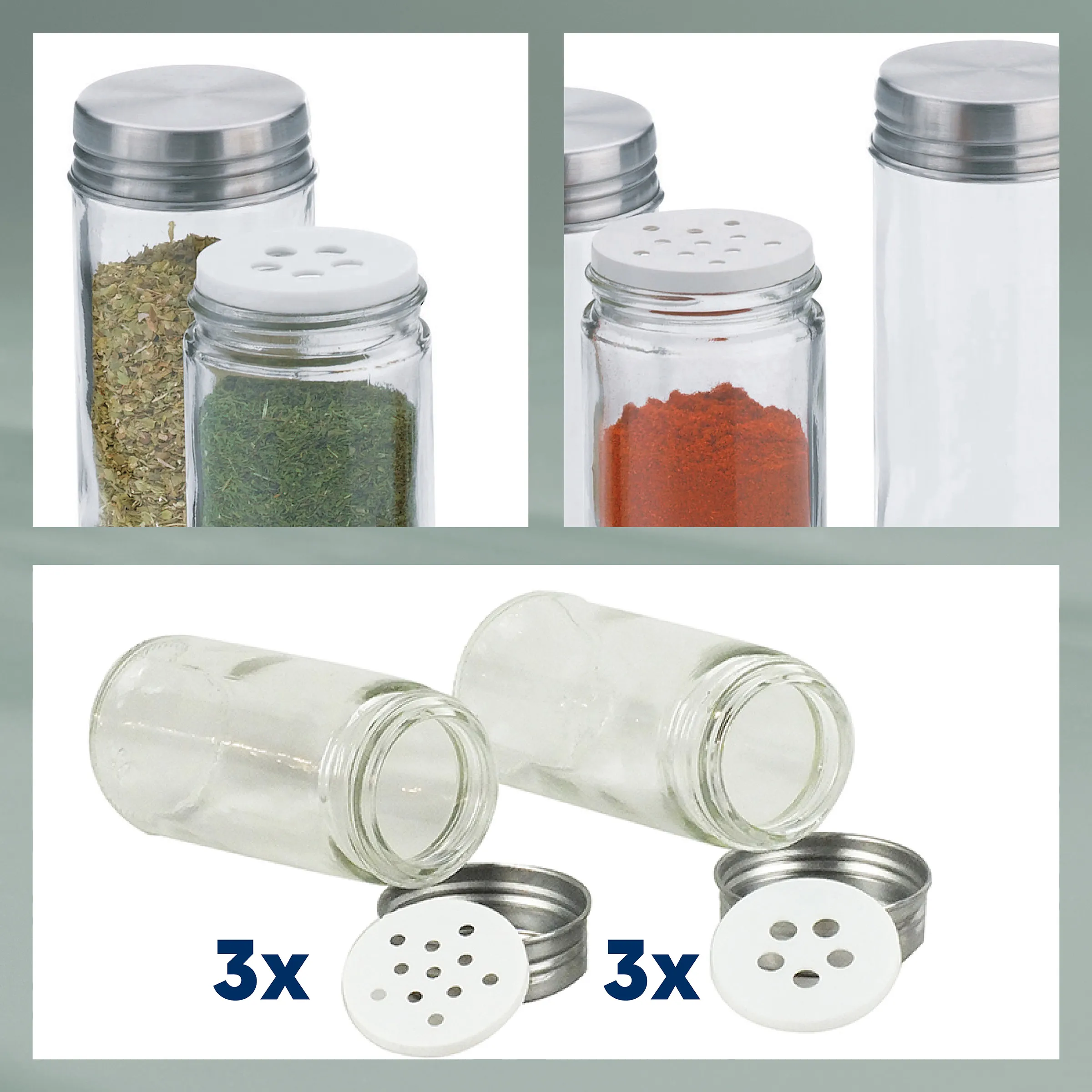 Gewürzstreuer Set aus Glas mit Lochaufsätzen Gewürzstreuer aus Glas mit Metalldeckeln und Lochaufsätzen, teilweise mit getrockneten Kräutern und Gewürzen gefüllt.