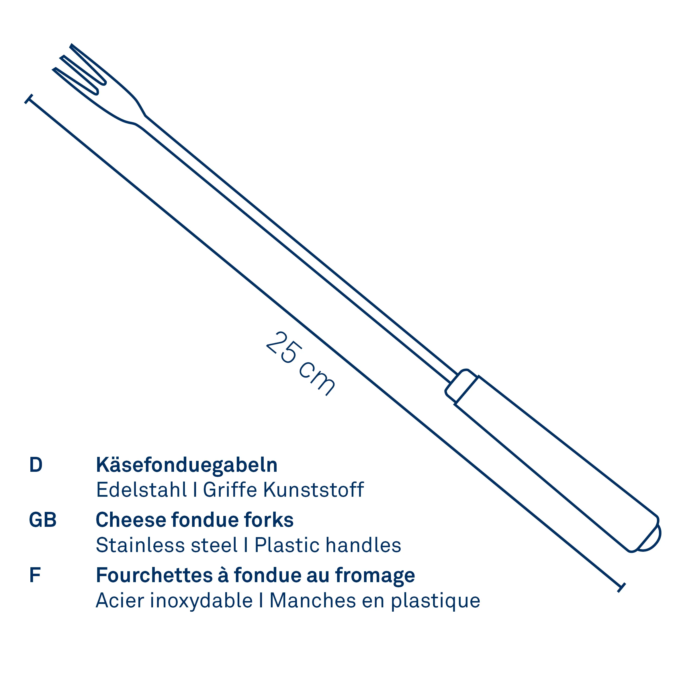 Käsefonduegabeln Edelstahl 26 cm - Fonduegabeln mit Kunststoffgriff Käsefonduegabeln aus Edelstahl mit Kunststoffgriffen, 26 cm lang, technische Produktdarstellung