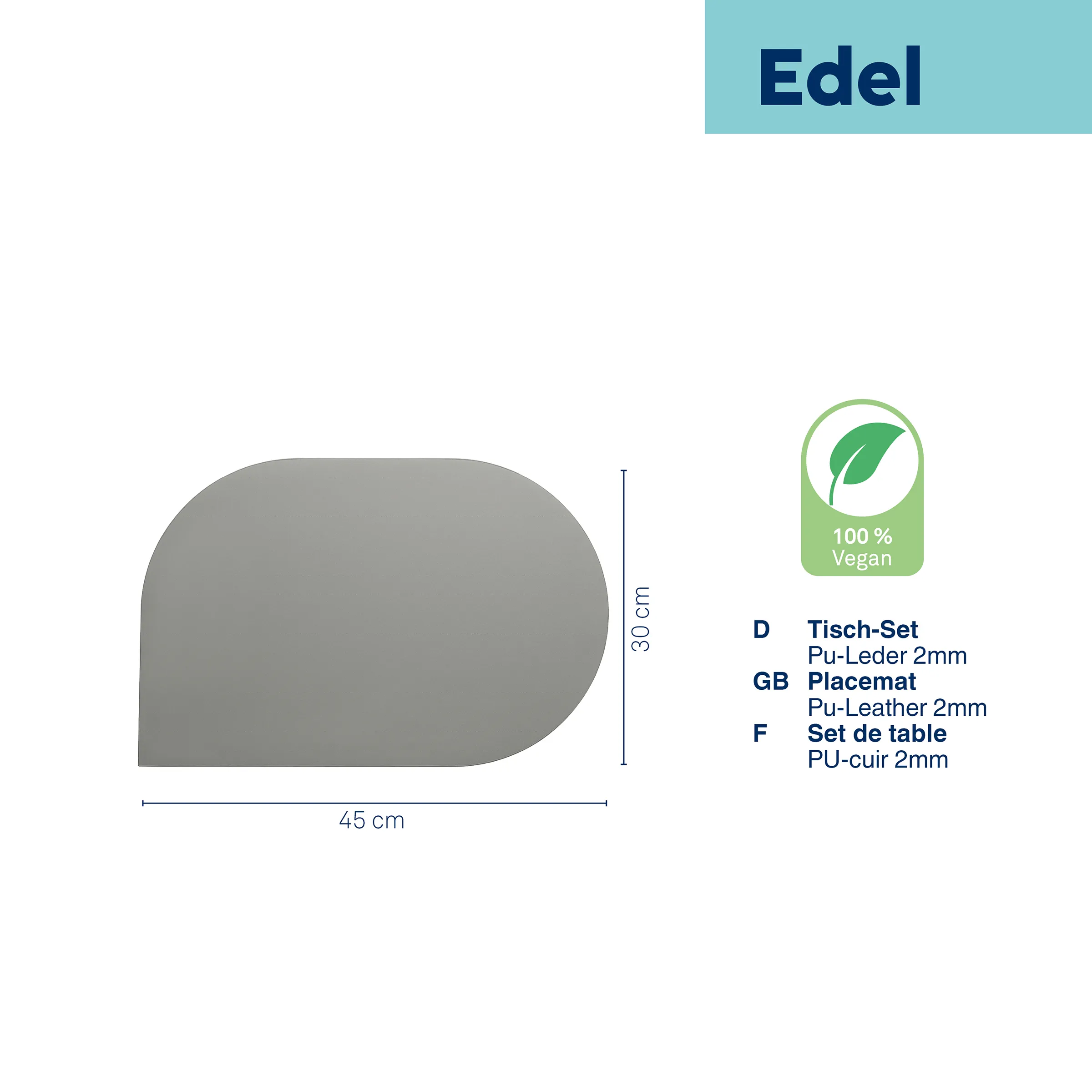 Ovale graue Tischset aus PU-Leder 45x30cm mit 100% Vegan Badge von Edel