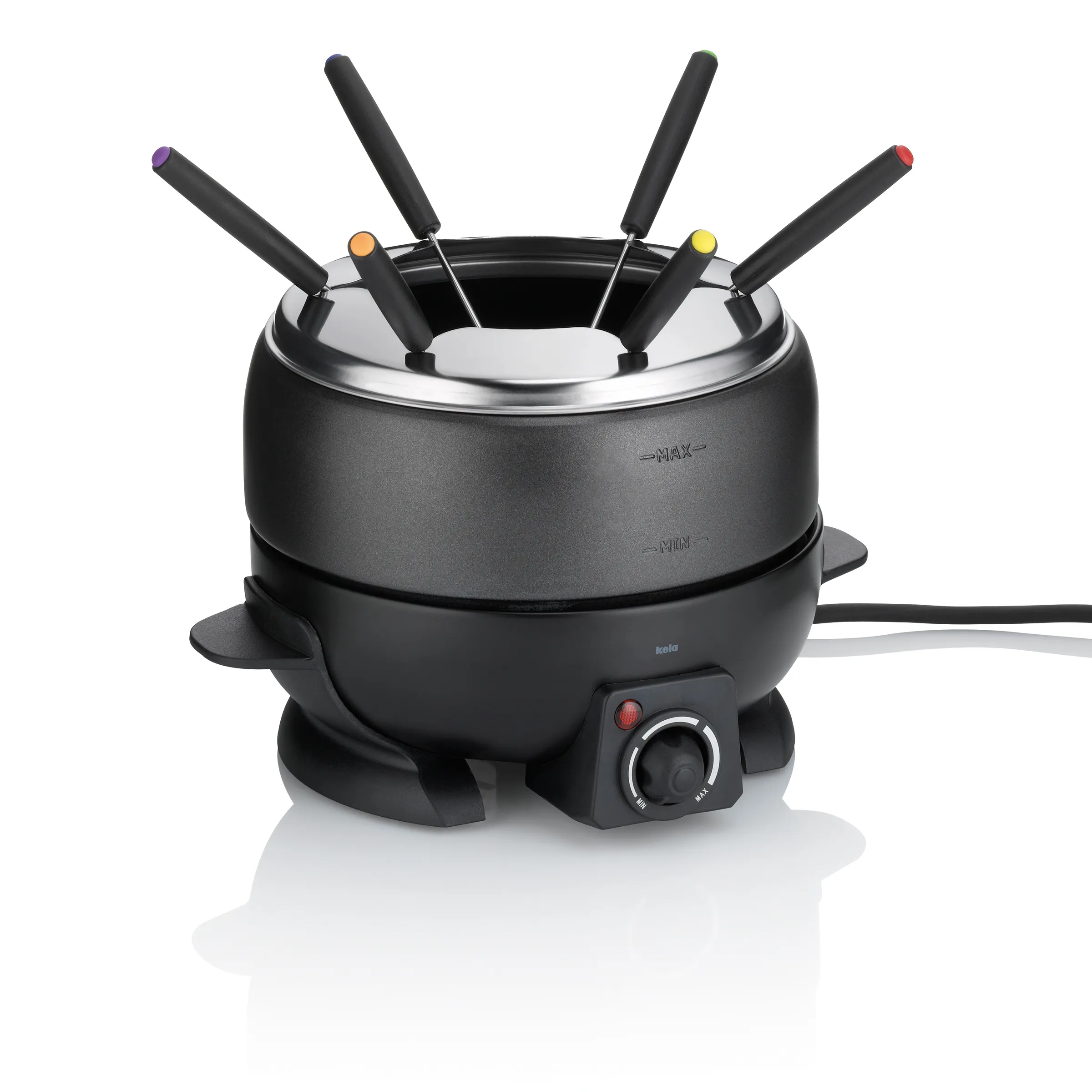 Fondue-Set elektrisch mit 6 Gabeln und Temperaturkontrolle Schwarzes Fondue-Set mit Metallschüssel, Stromkabel und sechs farbigen Fondue-Gabel Bestecken mit Temperaturregler