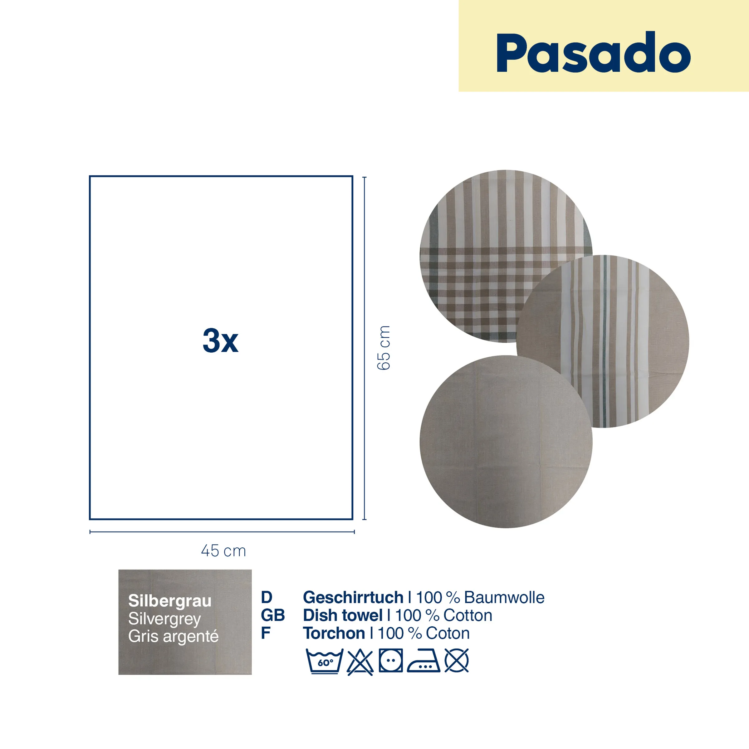 Geschirrtücher Silbergrau 3er-Set 100% Baumwolle - Pasado Küchentücher Pasado Geschirrtücher 3er-Set silbergrau, 45x65 cm, 100% Baumwolle, mit Musterdarstellung