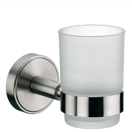 Wandmontierter Glashalter aus gebürstetem Edelstahl mit mattem Glasbecher für das Badezimmer