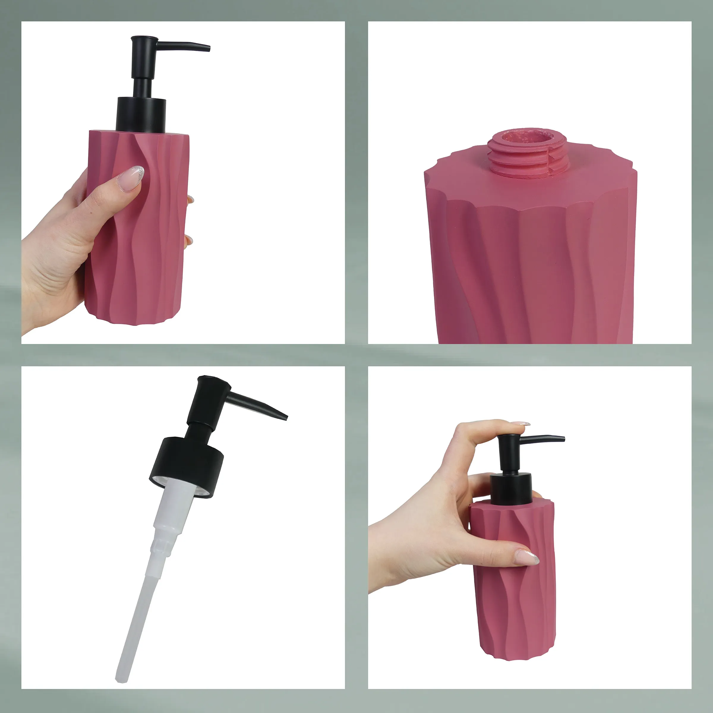 Seifenspender Rosa - Praktischer Flüssigseifenspender Rosa Seifenspender mit strukturiertem Design und schwarzer Pumpe, in verschiedenen Perspektiven dargestellt