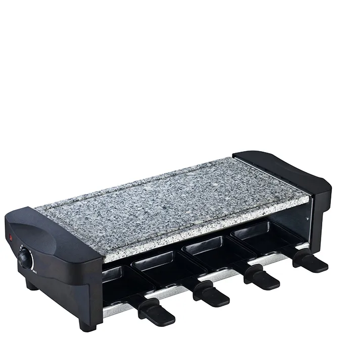 Raclette-Grill mit Steinplatte und 8 Pfännchen Raclette-Grill mit grauer Steinplatte und schwarzem Gehäuse, acht Pfännchen auf weißem Hintergrund