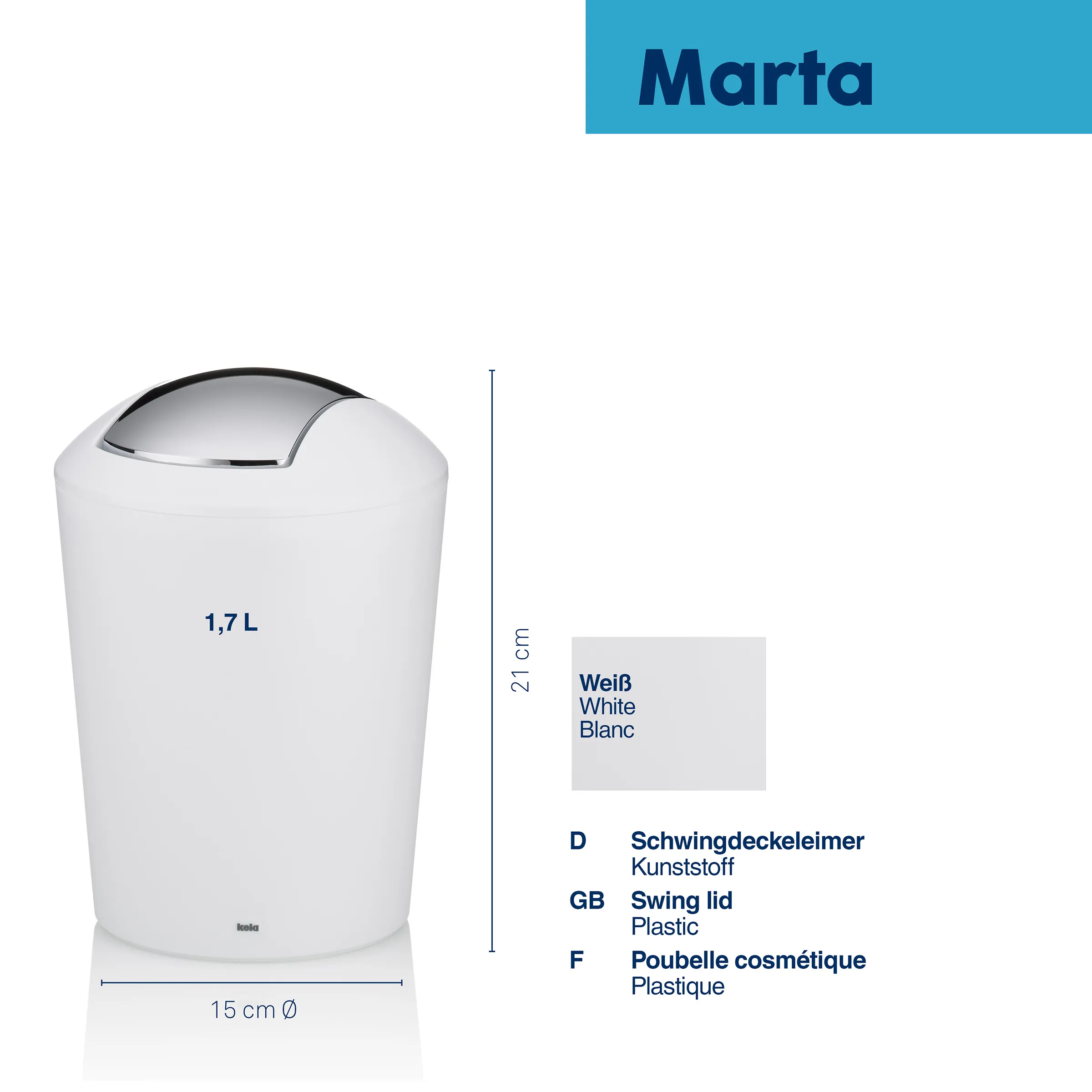 Kosmetikeimer Marta Weiß 1,7L mit Schwingdeckel Kunststoff Weißer Kosmetikeimer Marta mit Schwingdeckel, 1,7 L Volumen, 21 cm hoch, 15 cm Durchmesser, Kunststoff