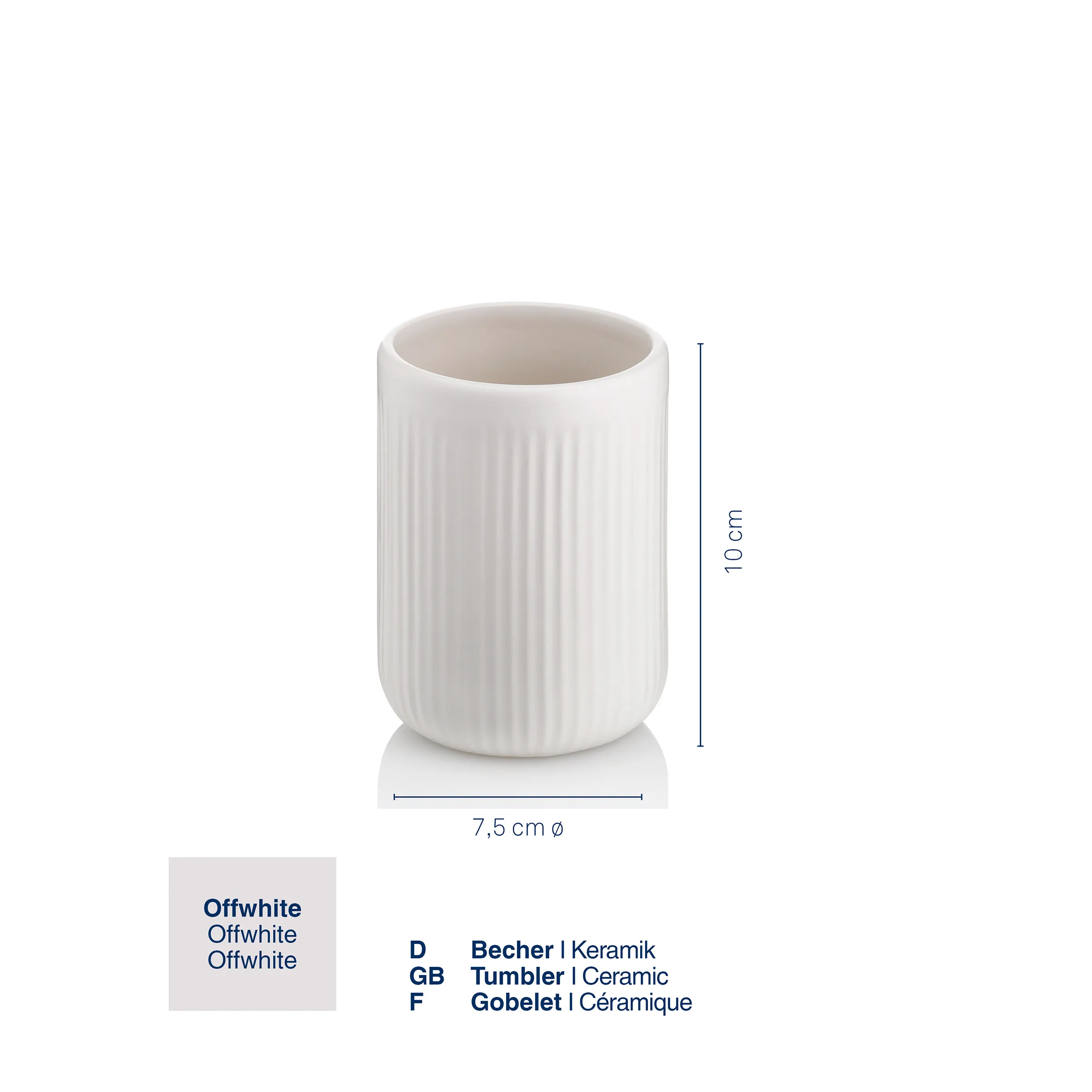 Offwhite Keramik Tumbler - Becher 10 cm Weißer gerippter Keramik-Trinkbecher mit 7,5 cm Durchmesser und 10 cm Höhe vor grauem Hintergrund.