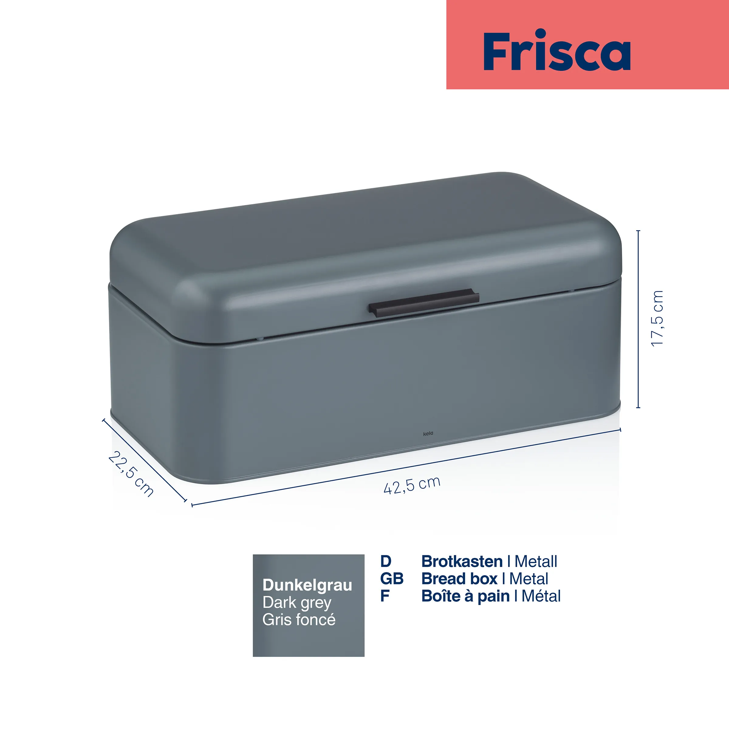 Frisca Brotkasten Metall Dunkelgrau - Brotkiste mit Deckel 42,5 cm Frisca Brotkasten Metall dunkelgrau mit Deckel, 42,5 x 22,5 x 17,5 cm, mit Maßangaben