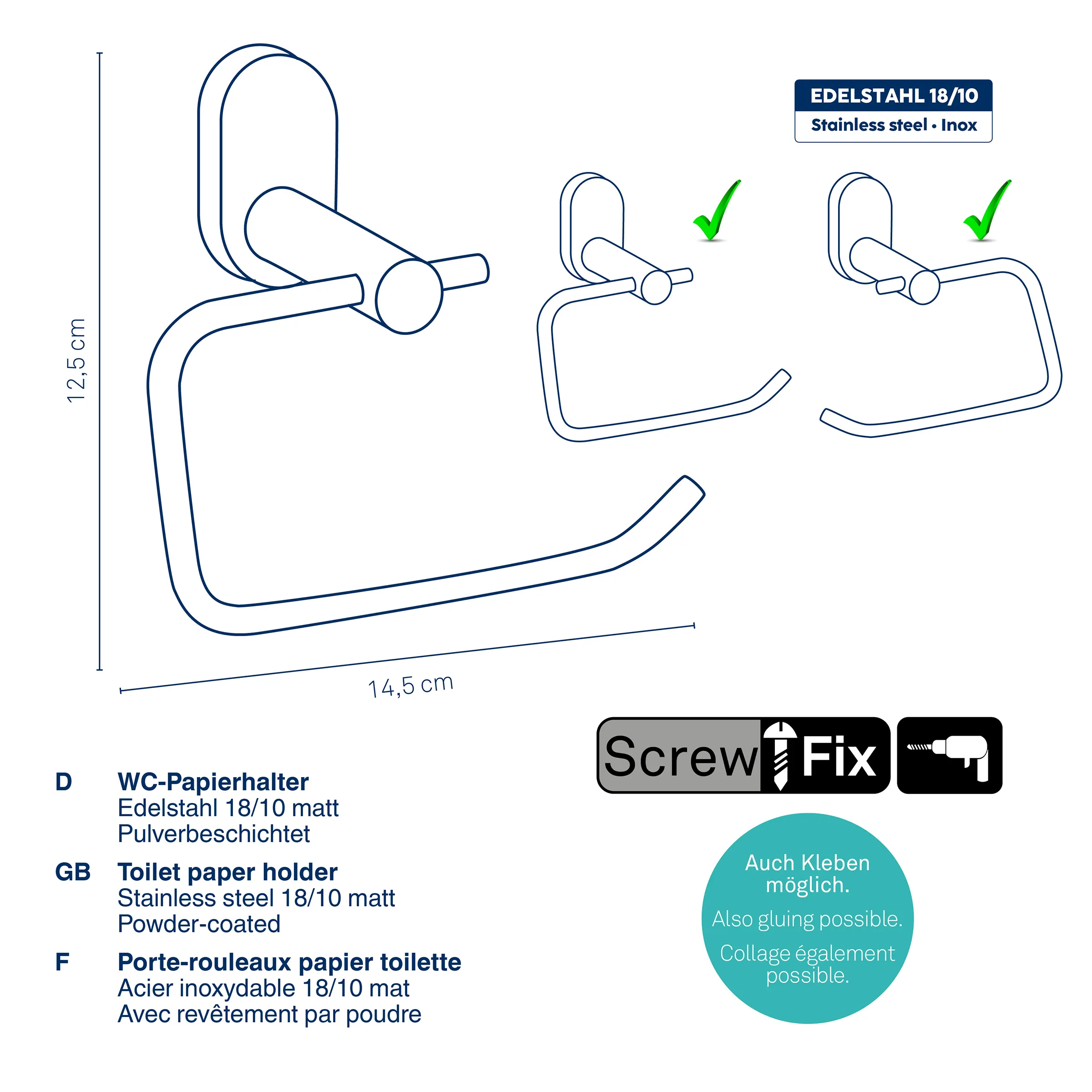 Technische Zeichnung eines Edelstahl-WC-Papierhalters mit Maßen 14,5 x 12,5 cm und Montageanleitung