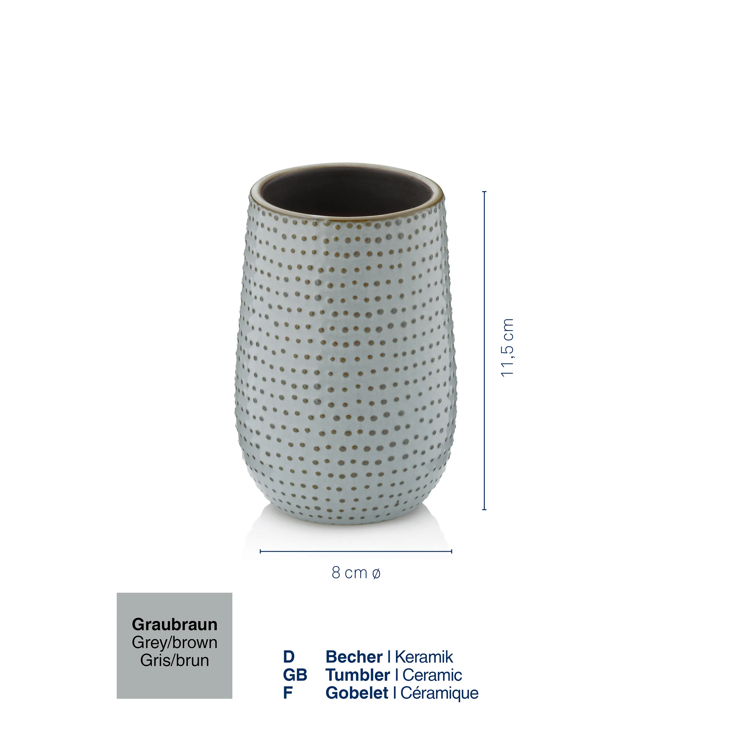 Graubrauner Keramik-Becher mit Punktmuster, 8 cm Durchmesser, 11,5 cm Höhe