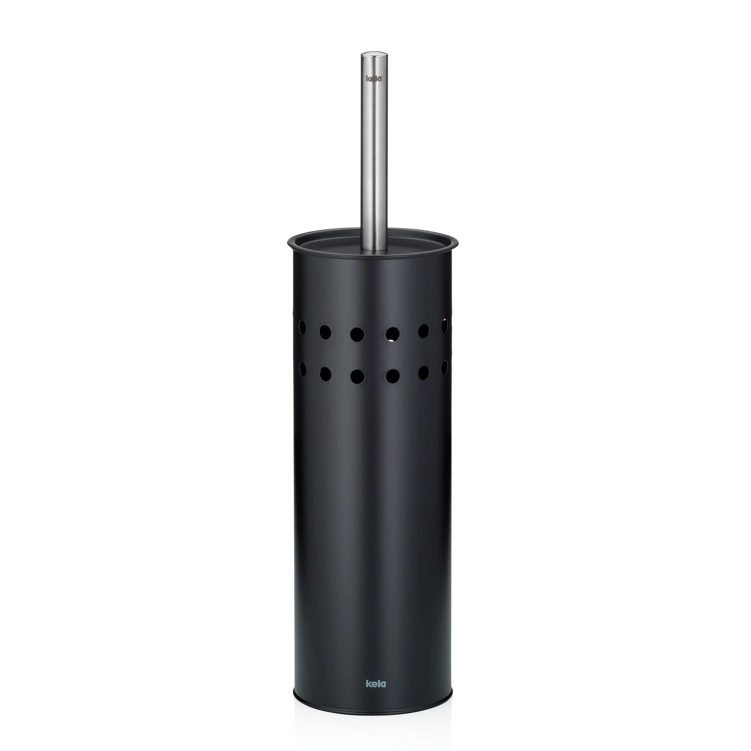 Toilettenbürste schwarz mit Behälter - modernes Design Schwarze Toilettenbürste mit Kunststoffbehälter und edelstahlgrauem Griff, durchbrochenes Design mit Lüftungslöchern