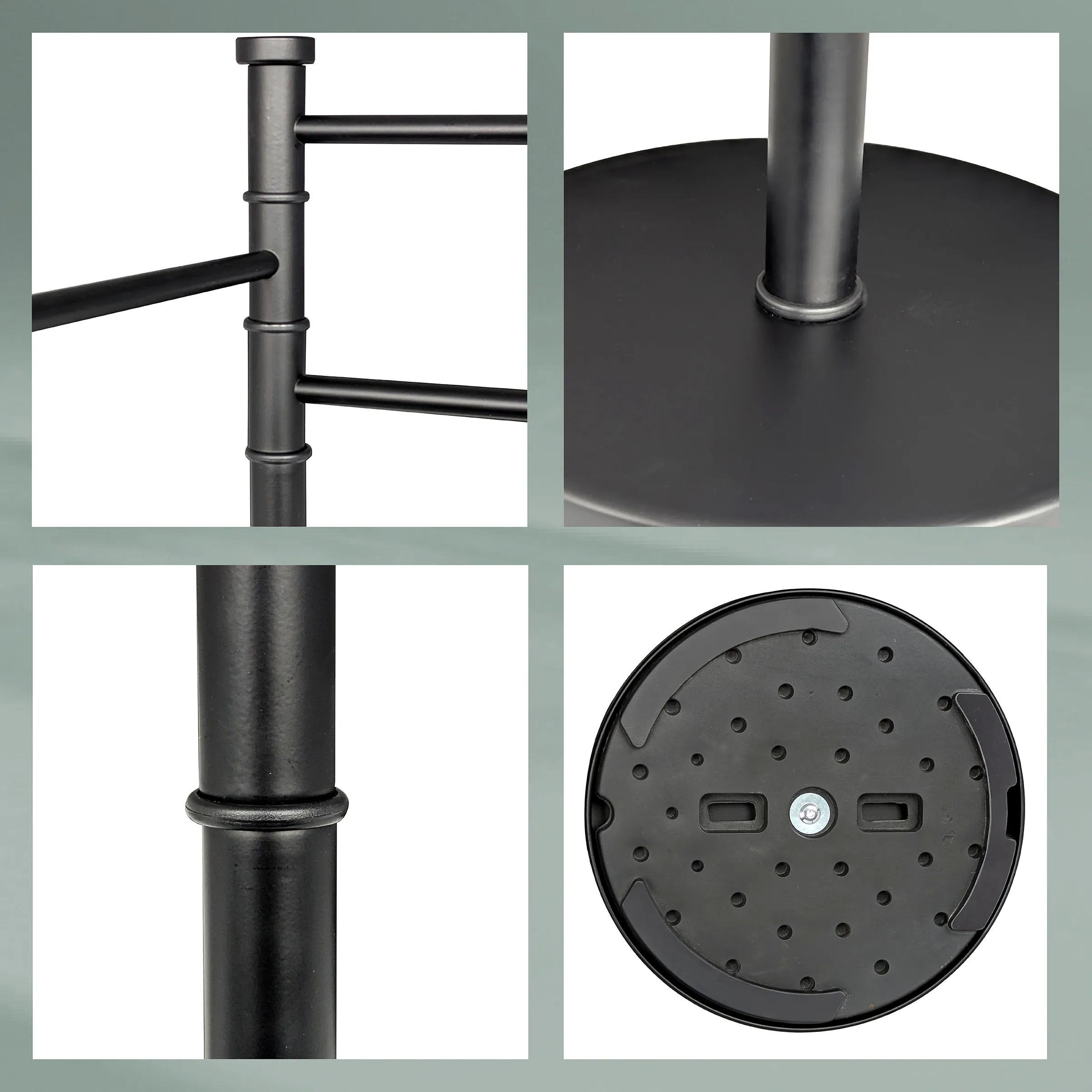 Sonnenschirm Basis und Metallstange - Gartenausstattung Detailaufnahmen eines schwarzen Sonnenschirms mit Metallstange, Befestigung und runder Basis mit Lüftungslöchern