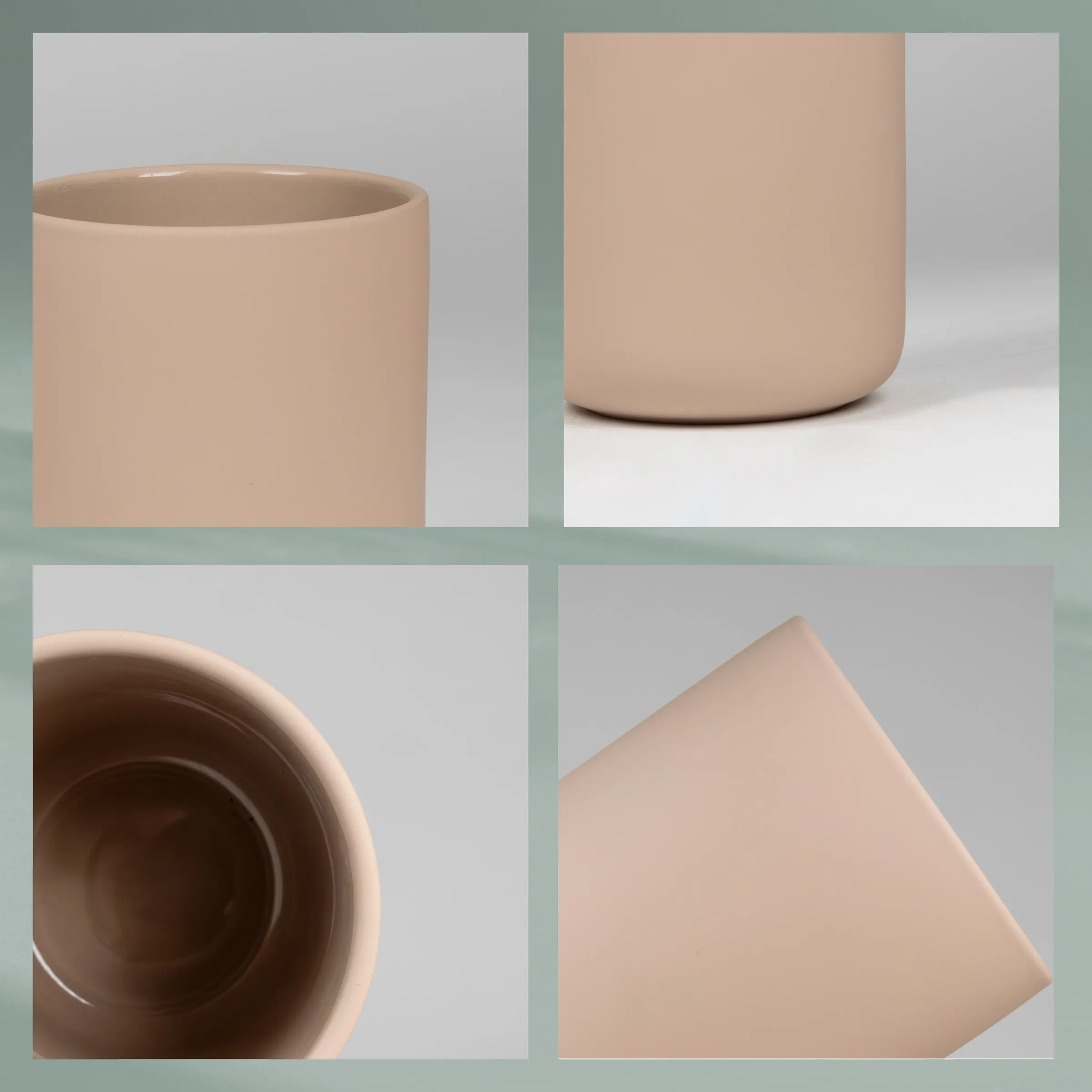 Beige Keramiktasse - modernes Geschirr Design Beige-farbene Keramiktasse in verschiedenen Ansichten: Seitenansicht, Perspektive, Innenansicht und Detailaufnahme.