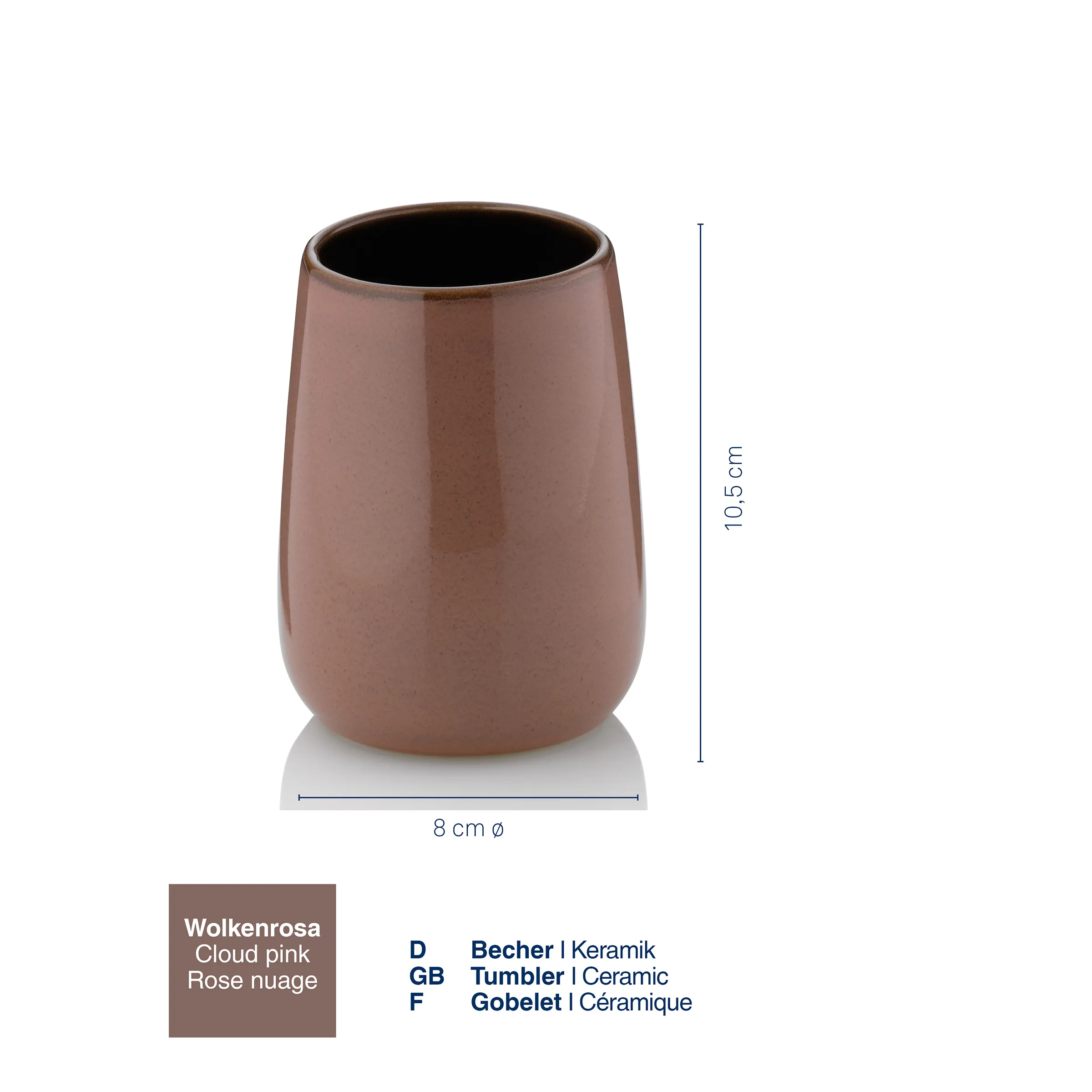 Keramik-Becher Wolkenrosa Cloud Pink - Tumbler 10,5 cm Wolkenrosa Keramik-Becher, 10,5 cm hoch, 8 cm Durchmesser, Cloud Pink Glasur, vor weißem Hintergrund
