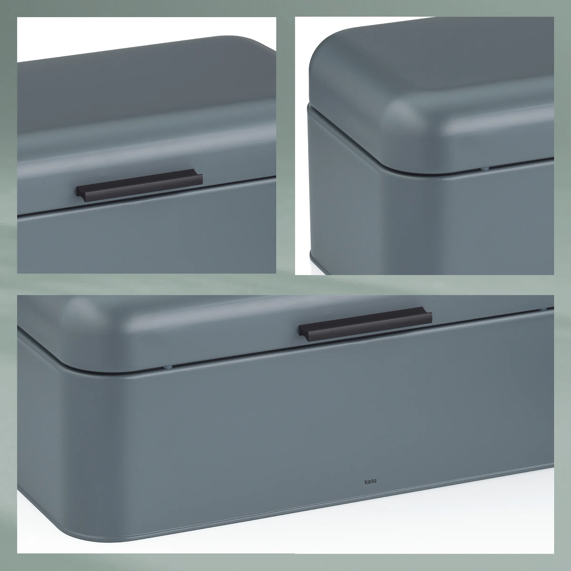 Aufbewahrungsbox mit Deckel - modernes Design Graue moderne Aufbewahrungsbox mit gerundeten Ecken und schwarzem Griff, mehrere Perspektiven