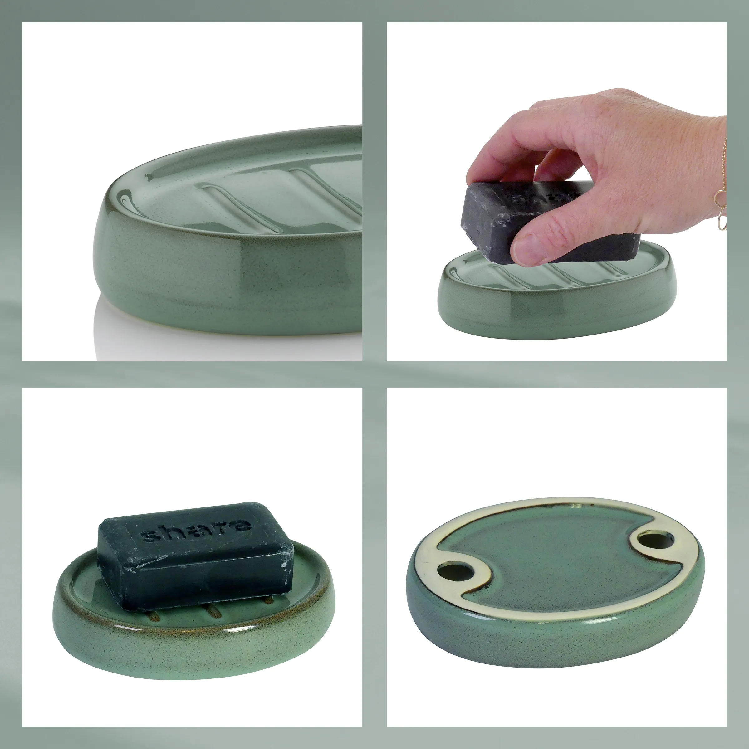Keramik Seifenschale mit abnehmbarem Tablett Grüne Seifenschale aus Keramik mit rutschfestem Muster und abnehmbarem Seifen-Tablett, Detailansichten von oben und von der Seite.