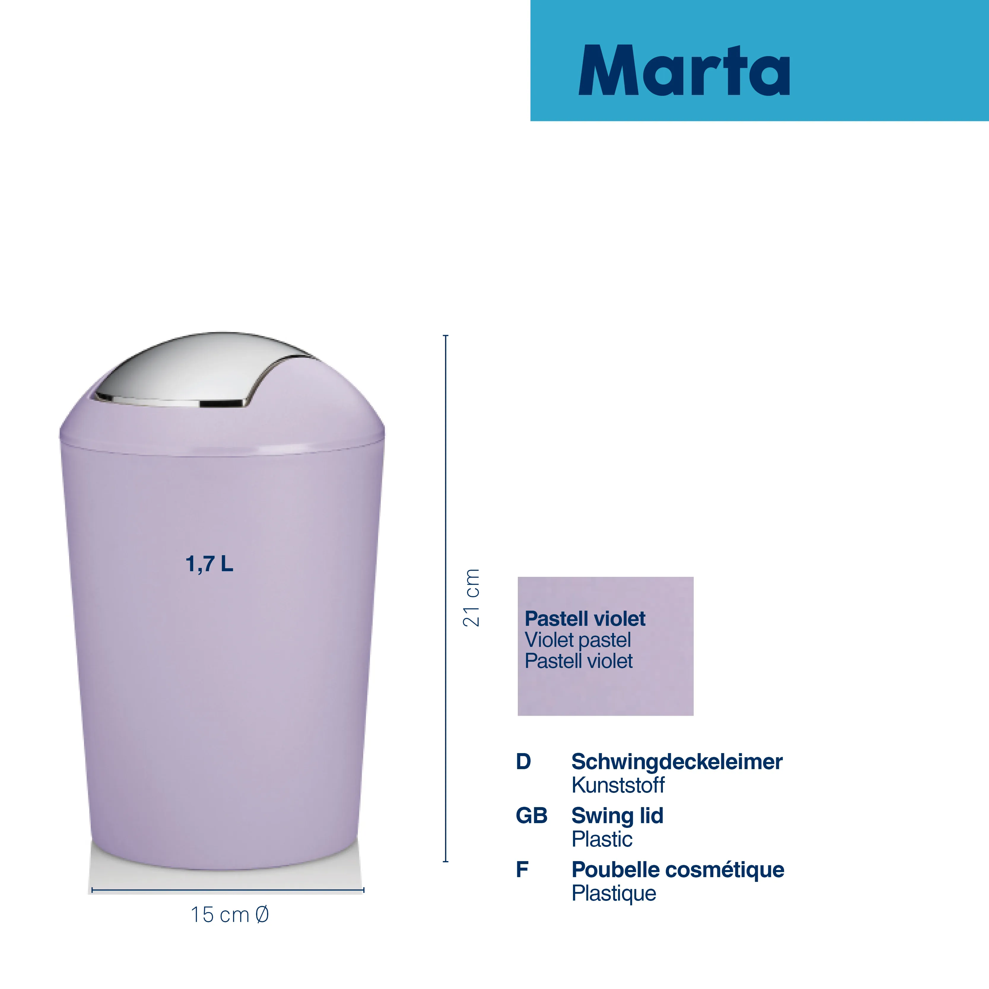 Marta Windeleimer Pastell Violett - 1,7L Wickeleimer Marta Windeleimer in Pastell Violett mit 1,7 L Volumen, 21 cm Höhe und 15 cm Durchmesser, Kunststoff Schwingdeckel