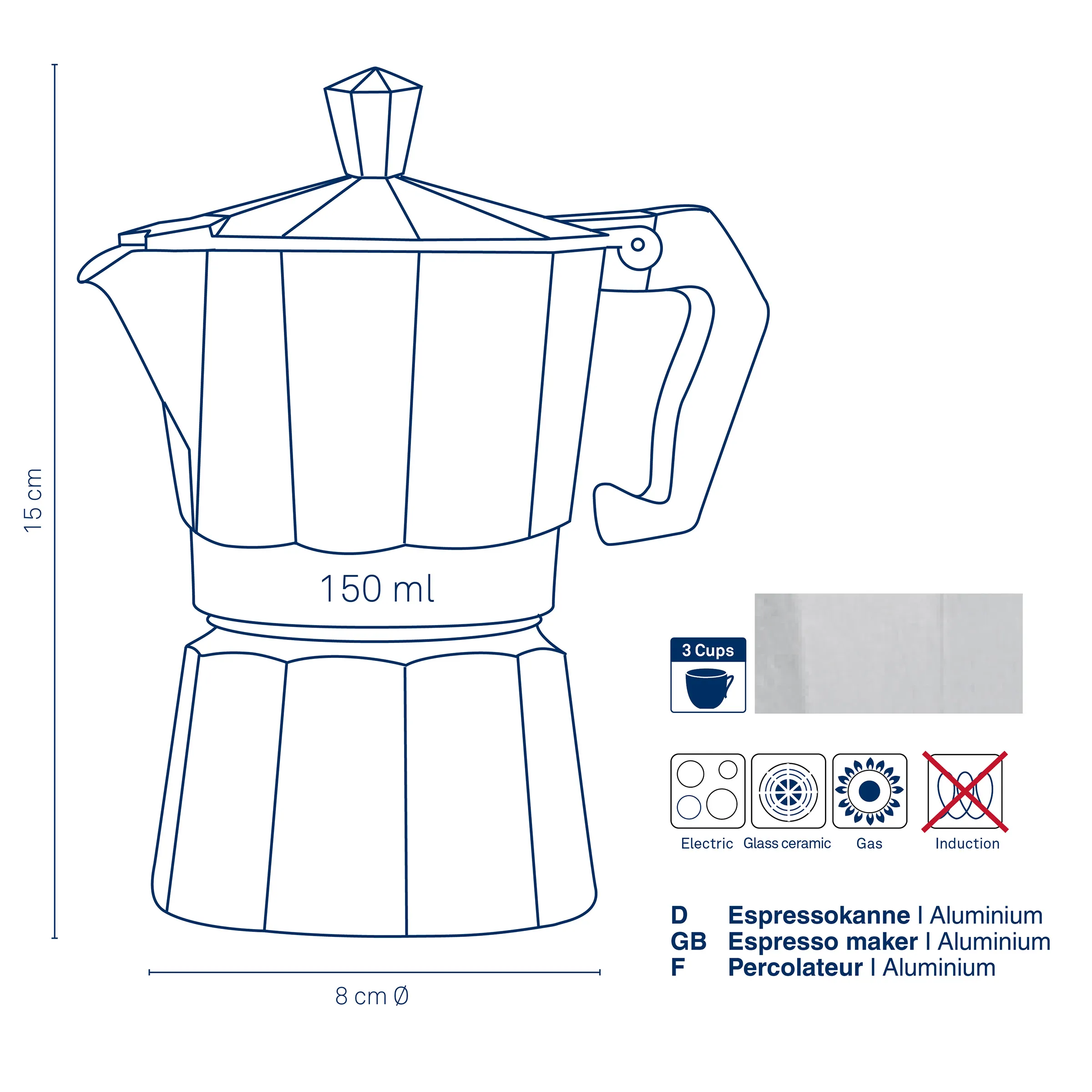 Moka Espressokanne Aluminium 3 Tassen Moka-Espressokanne aus Aluminium, 3 Tassen, 150 ml, 15 cm Höhe, 8 cm Durchmesser, für Elektro- und Glaskochfelder