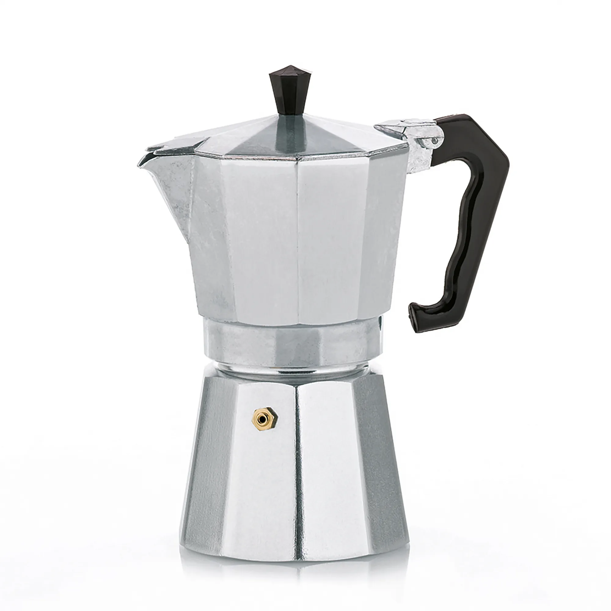 Mokkakanne Espressokanne Aluminium Silberne Mokkakanne mit schwarzem Griff und Deckel auf weißem Hintergrund