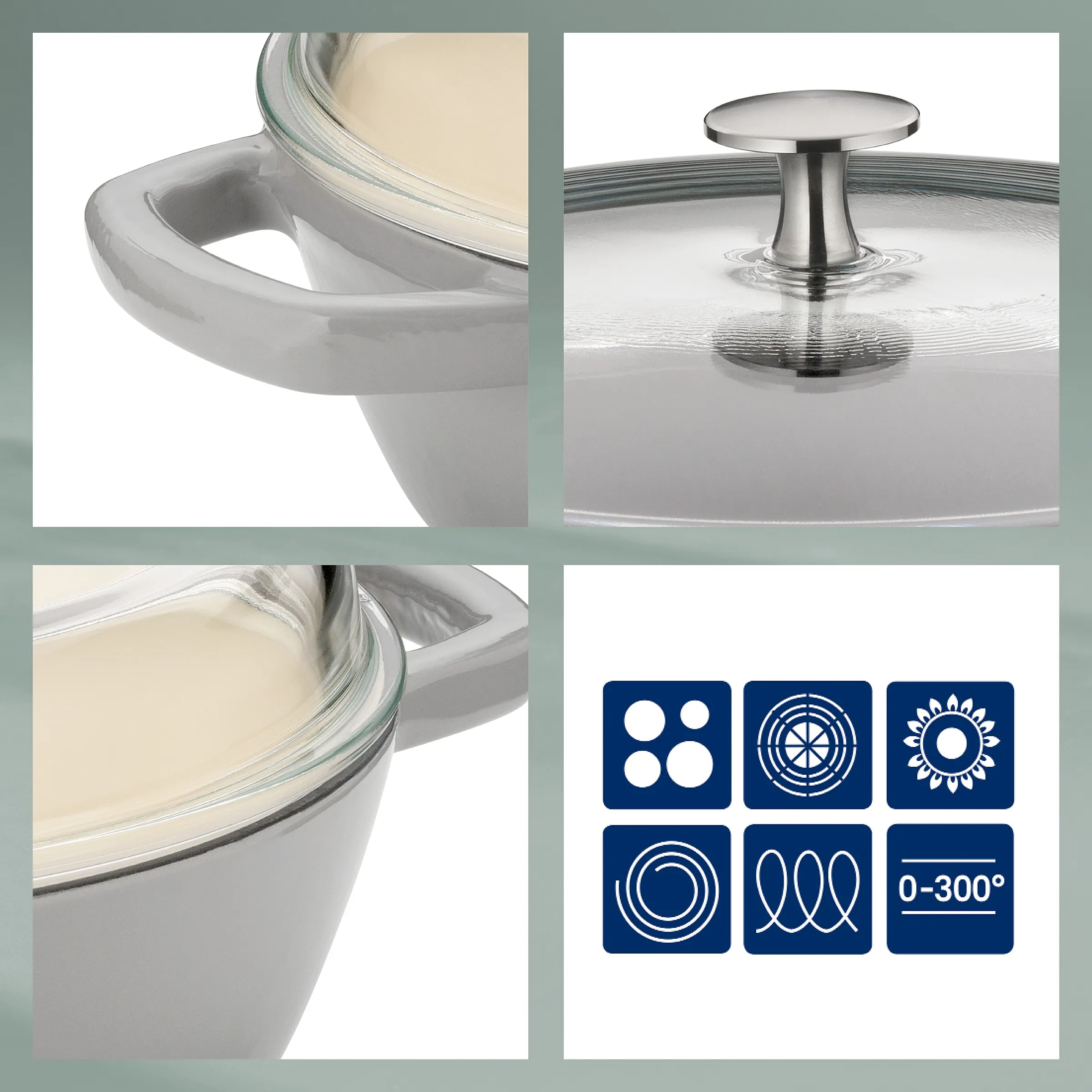Edelstahl-Kochtopf mit Glasdeckel - für alle Herdarten inkl. Induktion bis 300°C Edelstahl-Kochtopf mit Glasdeckel und Griffen, Detailansicht von Knauf und Herdarten-Symbolen