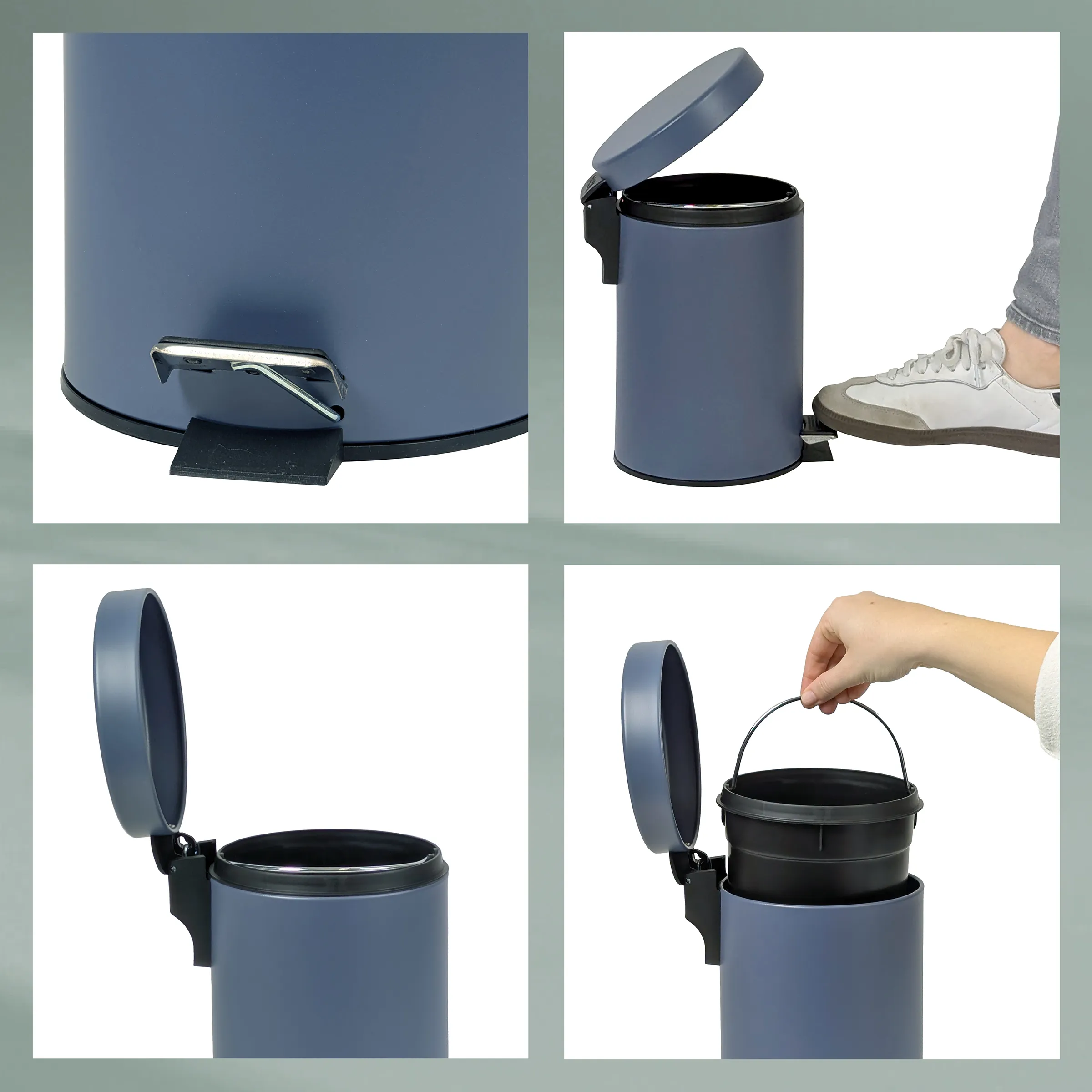 Tretmülleimer mit Fußpedal und herausnehmbarem Inneneimer - Blau Blauer Tretmülleimer mit Fußpedal und herausnehmbarem Inneneimer in vier Detailansichten