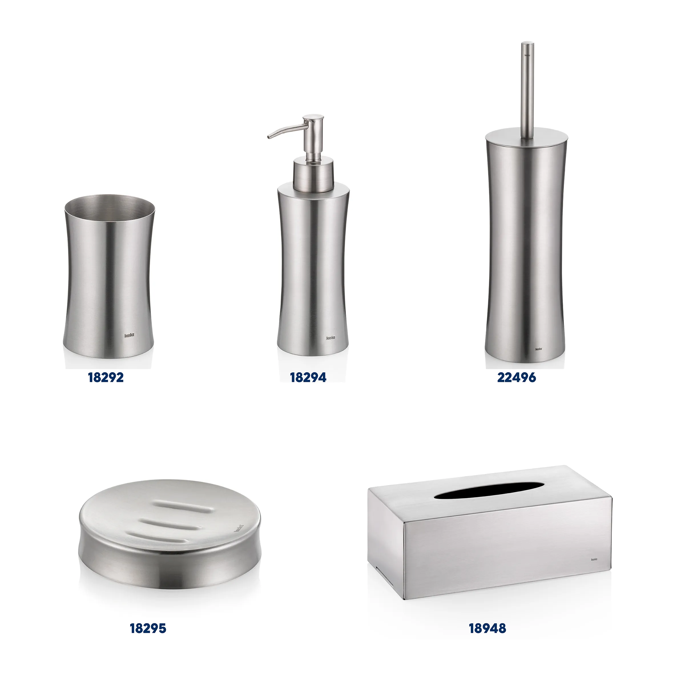 Badezimmer-Accessoires Set Edelstahl matt - 5-teilig für modernes Bad Fünfteiliges Badezimmer-Accessoire-Set aus gebürstetem Edelstahl: Becher, Seifenspender, WC-Bürste, Seifenschale, Kosmetiktuchbox