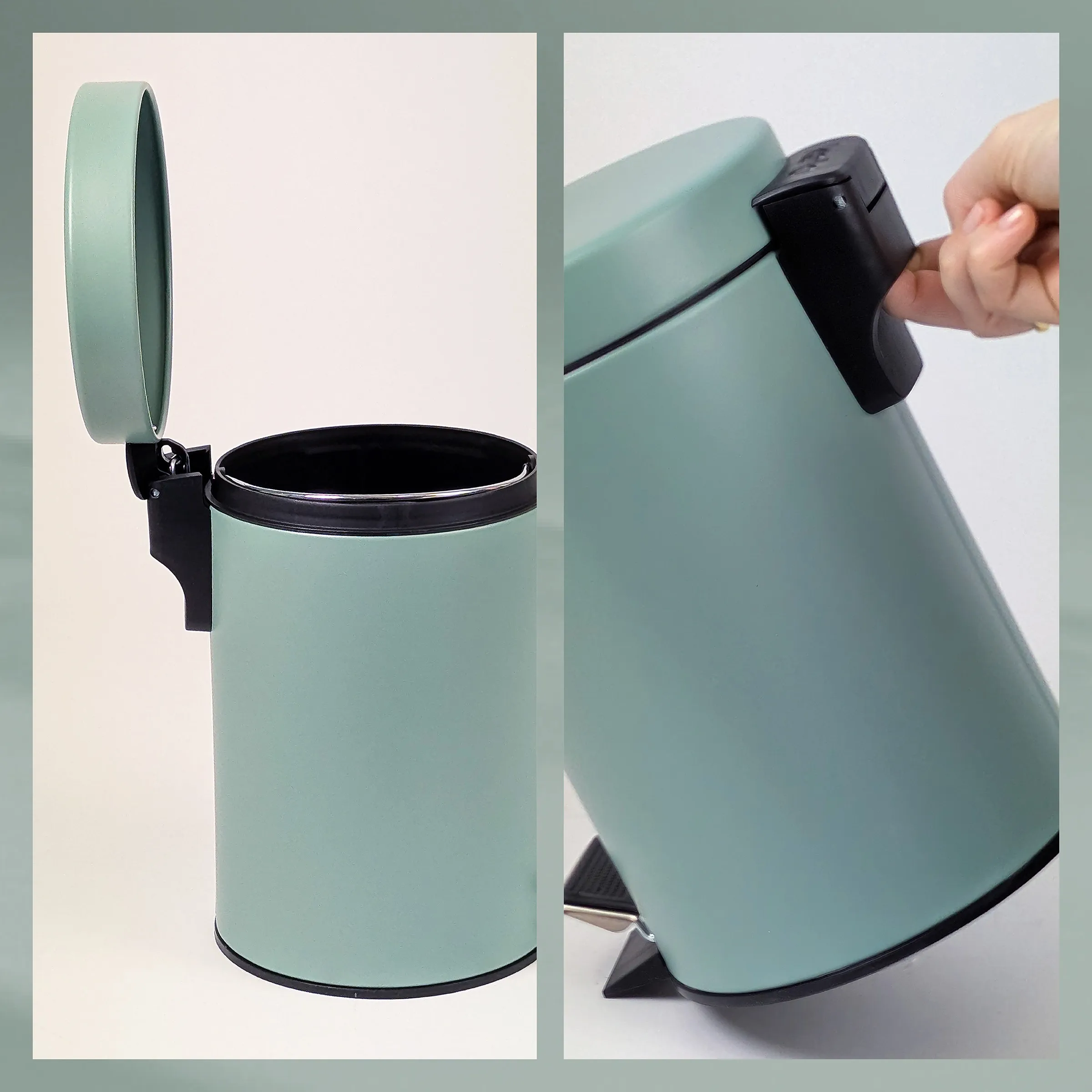 Treteimer mintgrün mit Pedal - moderner Mülleimer für Küche und Bad Mintgrüner Treteimer mit geöffnetem Deckel und Pedal-Mechanismus in zwei Ansichten