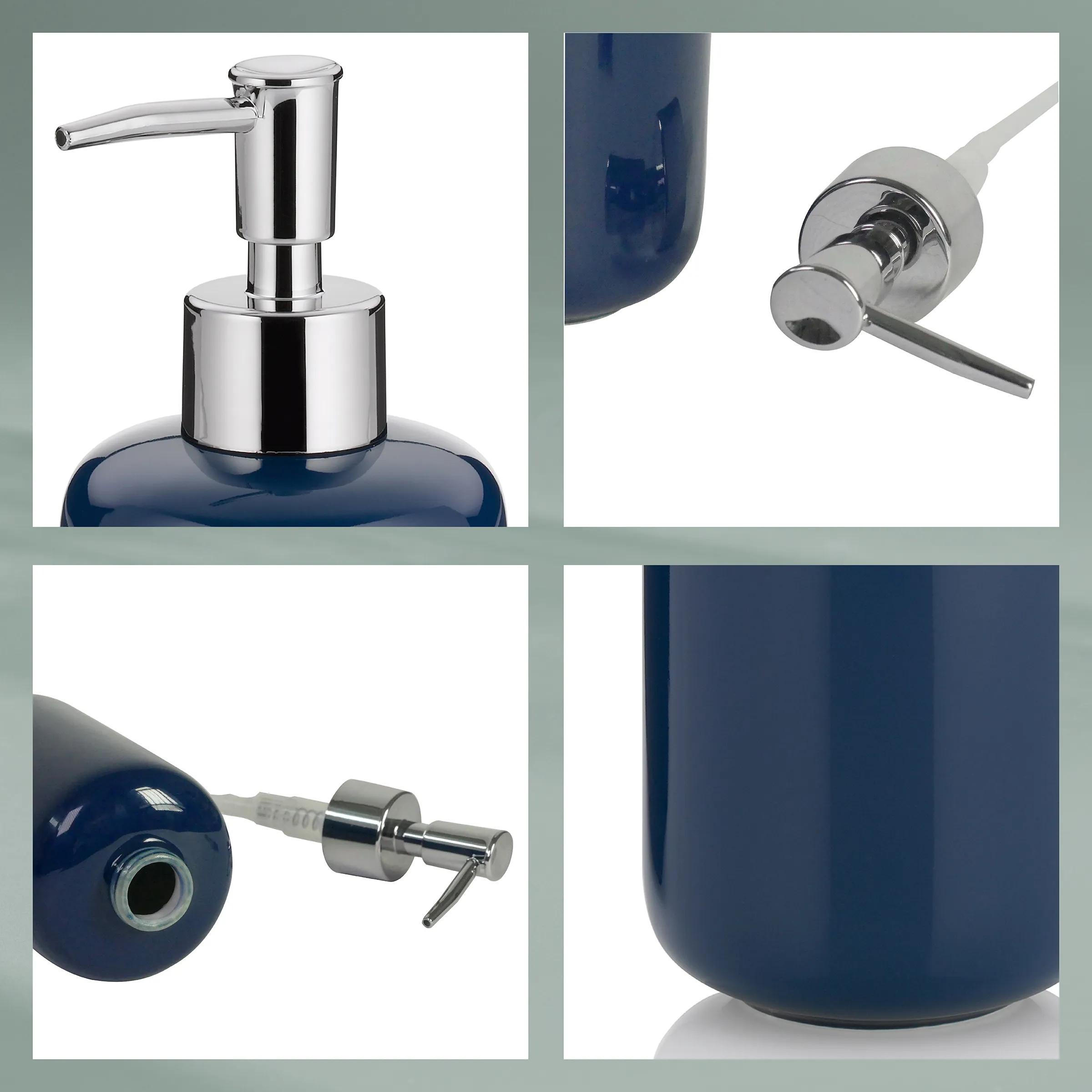 Seifenspender blau mit Chrompumpe - Detailaufnahmen Badezimmer-Accessoire Blauer Seifenspender mit Chromdetails, vier Detailansichten zeigen Pumpkopf, Sockel und Ausgießer