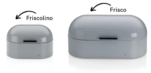 Friscolino und Frisco Behälter - Aufbewahrungsboxen Vergleich Vergleich zweier grauer Aufbewahrungsbehälter: Friscolino (klein) und Frisco (groß) mit Deckel