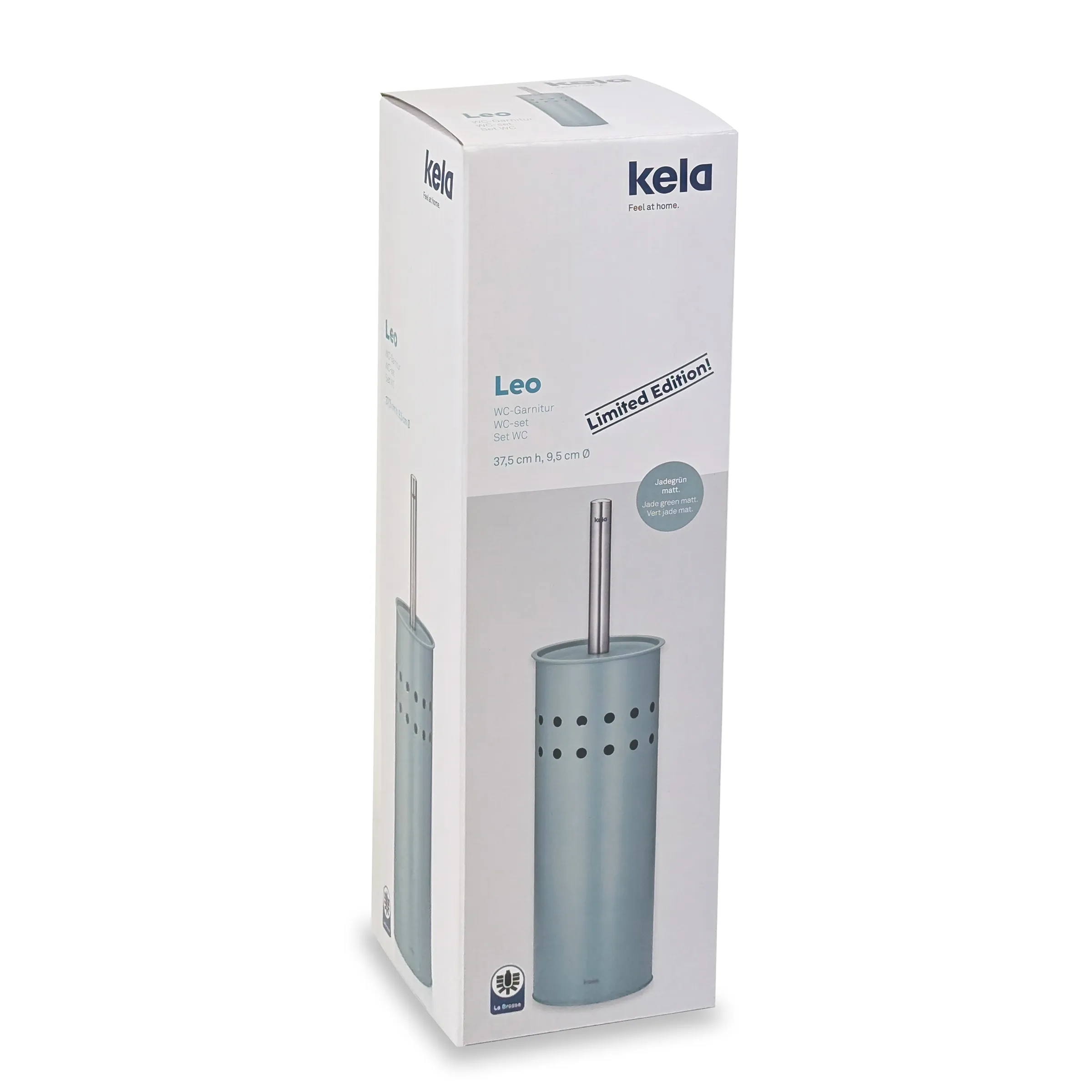 Kela Leo WC-Garnitur Limited Edition Jadegrün matt - WC-Bürste mit Behälter Kela Leo WC-Garnitur in Jadegrün matt, Limited Edition, mit Edelstahlstange und gelochtem Behälter, 37,5 cm hoch