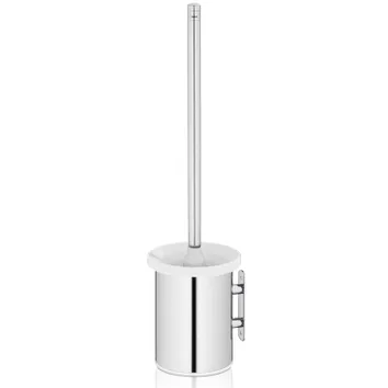 Brosse de toilette en acier inoxydable avec porte-brosse en porcelaine blanche et manche métallique fin, sur fond blanc.