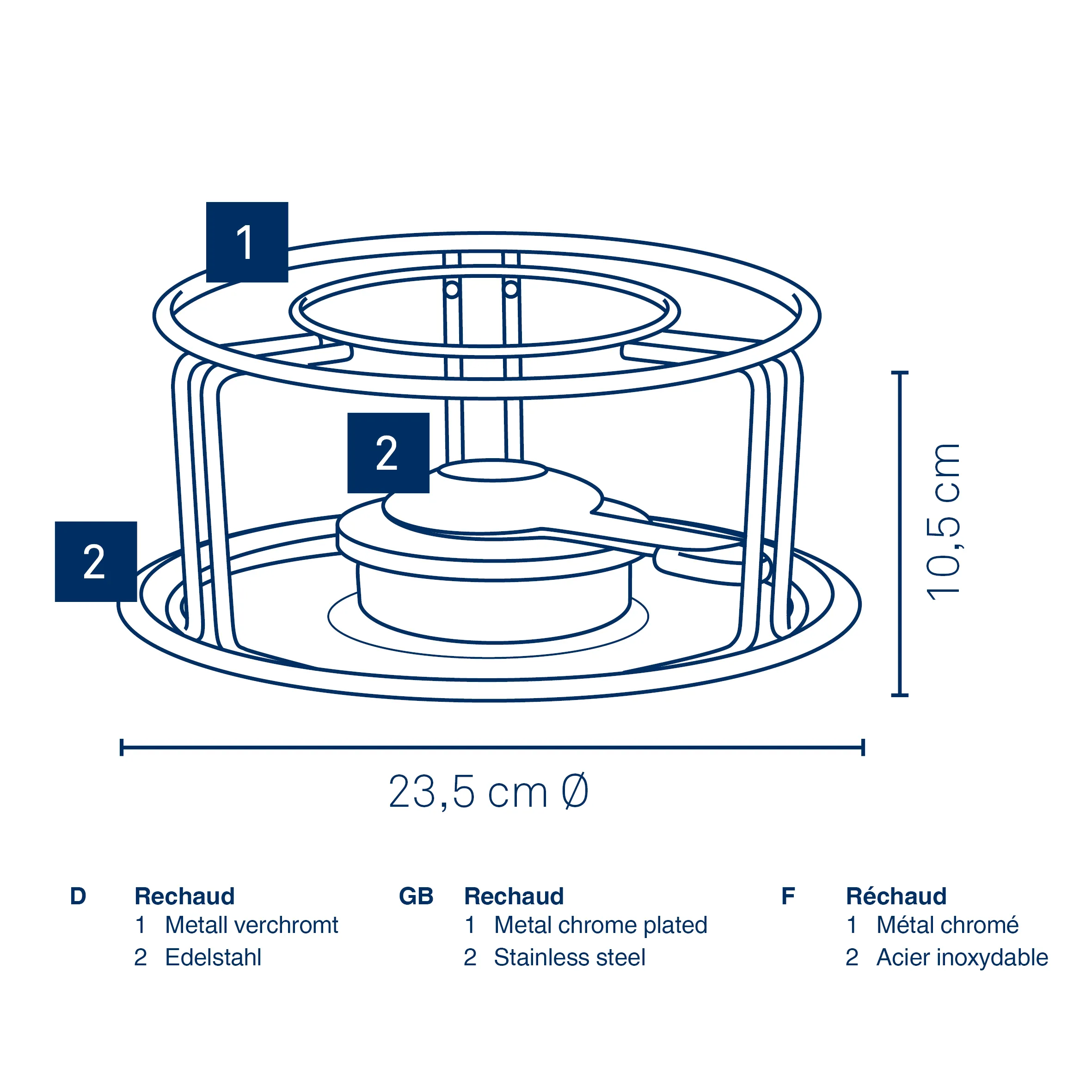 Edelstahl Kochtopf mit verchromtem Griff - Technische Zeichnung Technische Zeichnung eines runden Kochgeschirrs mit Edelstahlboden und verchromtem Griff, Durchmesser 23,5 cm, Höhe 10,5 cm.