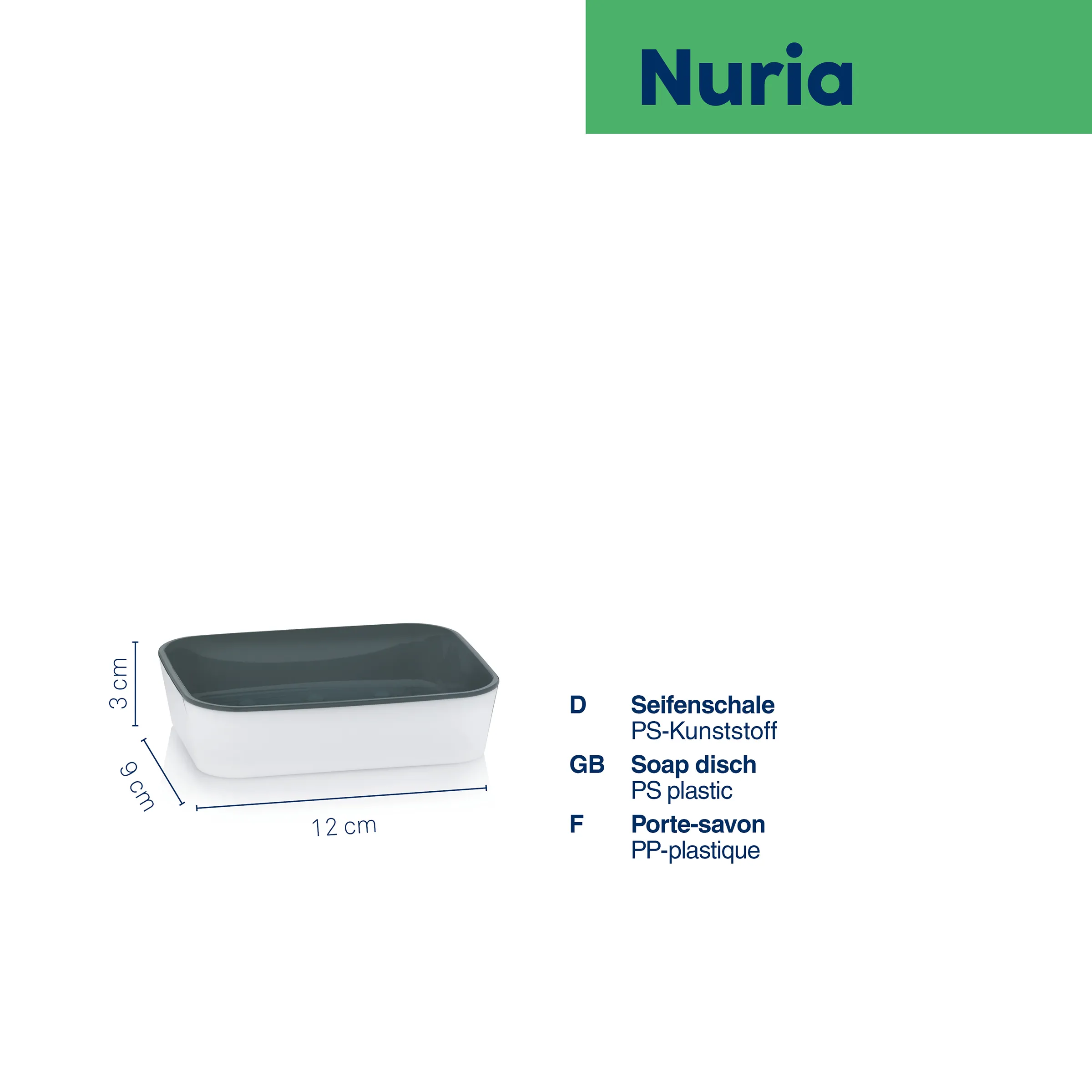 Seifenschale PS-Kunststoff Nuria - Badaccessoire Weiße Seifenschale aus PS-Kunststoff mit dunkelgrauem Deckel, Maße: 12 cm x 6 cm x 3 cm