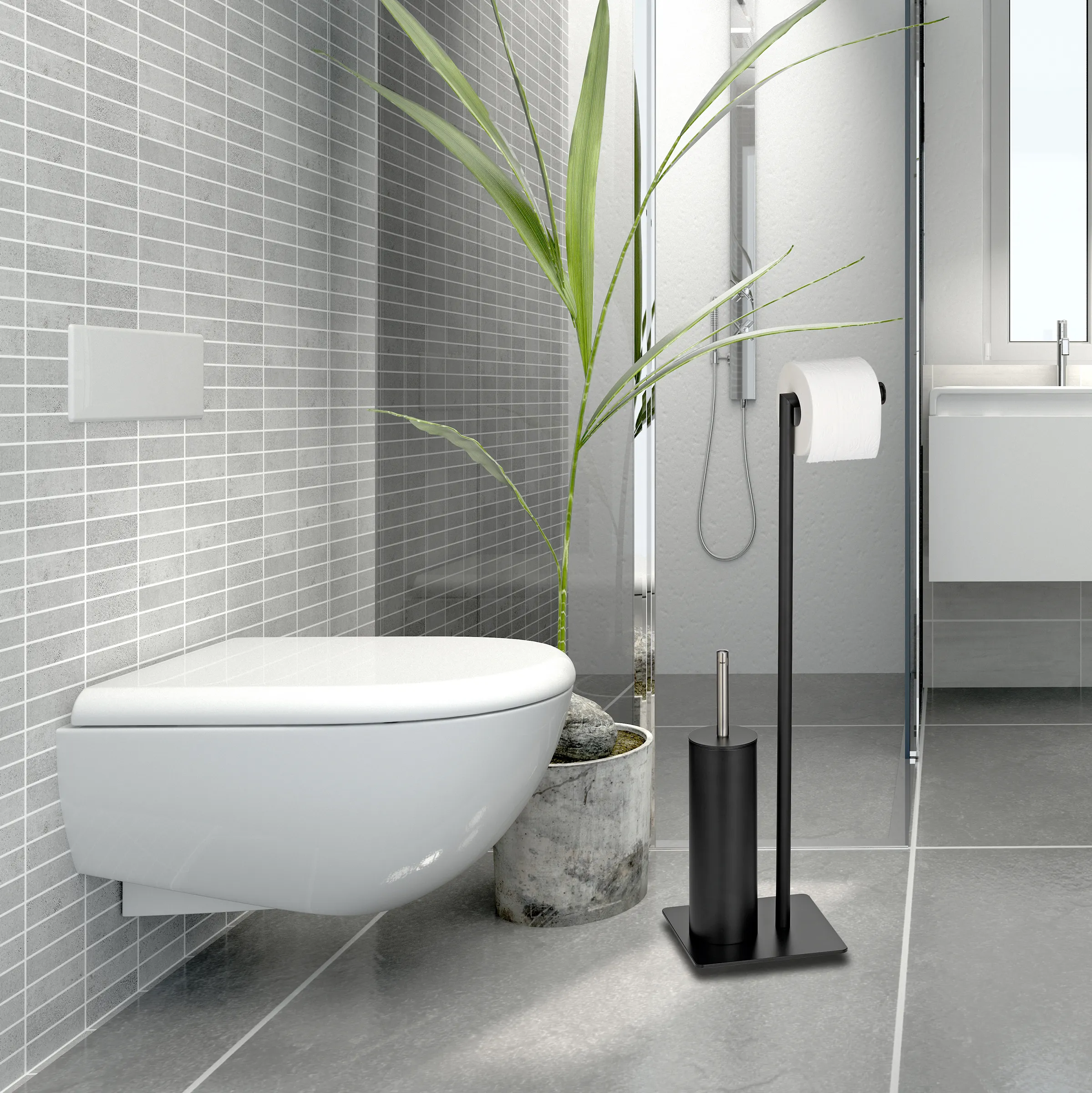 Modernes Badezimmer Design mit wandhängiger Toilette Modernes Badezimmer mit wandhängiger Toilette, grauer Fliesenwand, Glasdusche und Bambuspflanze in Betonvase