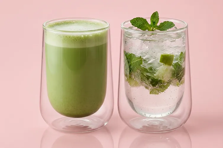 Grüner Smoothie und Mojito Getränke Zwei Gläser mit grünem Smoothie und Minz-Mojito auf rosa Hintergrund