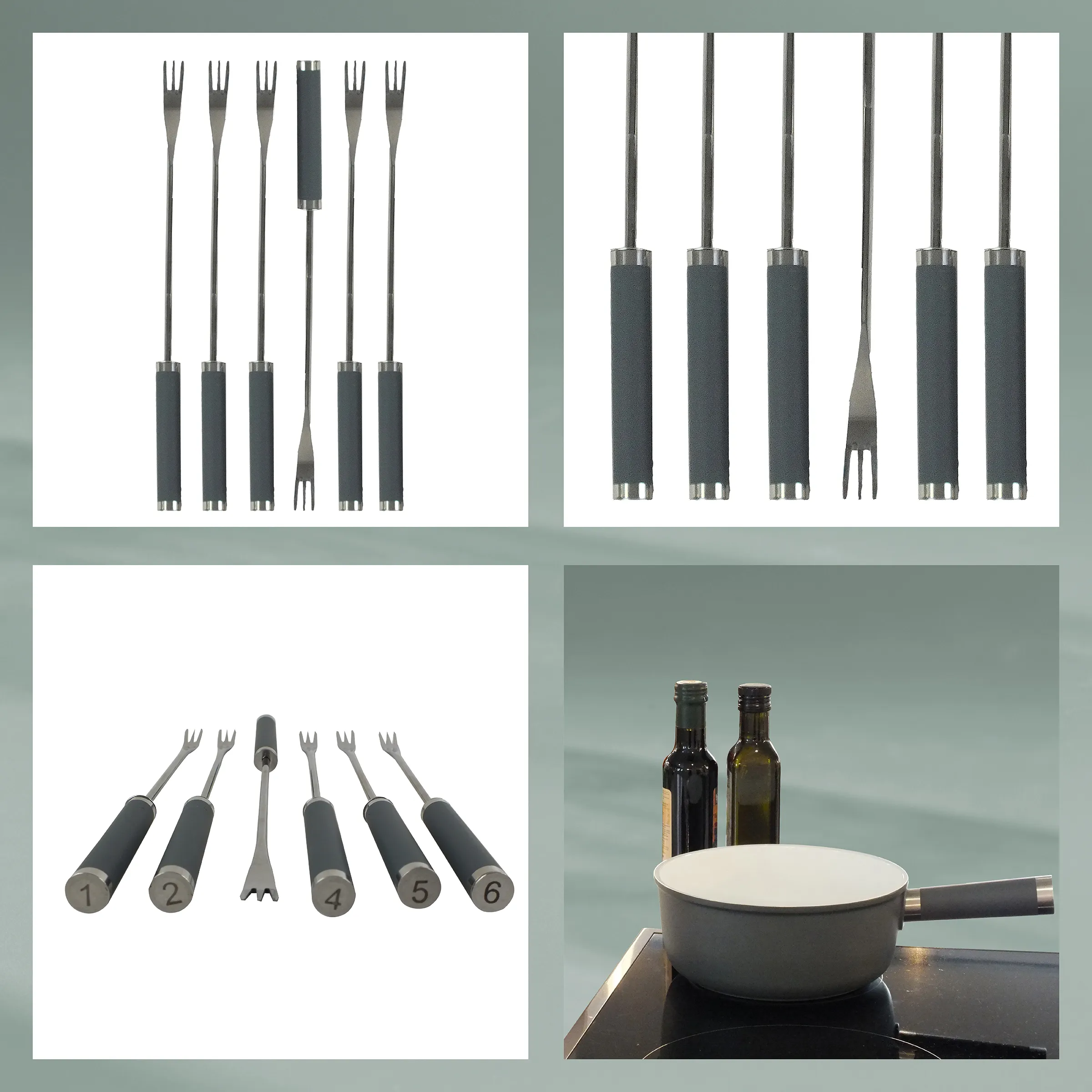 Besteck-Set und Kochtopf - Küchen-Zubehör Collections Vier Bildern mit Besteck-Sets: Gabeln und Messer mit schwarzen Griffen, nummeriertes Besteck und ein Kochtopf mit Flaschen.