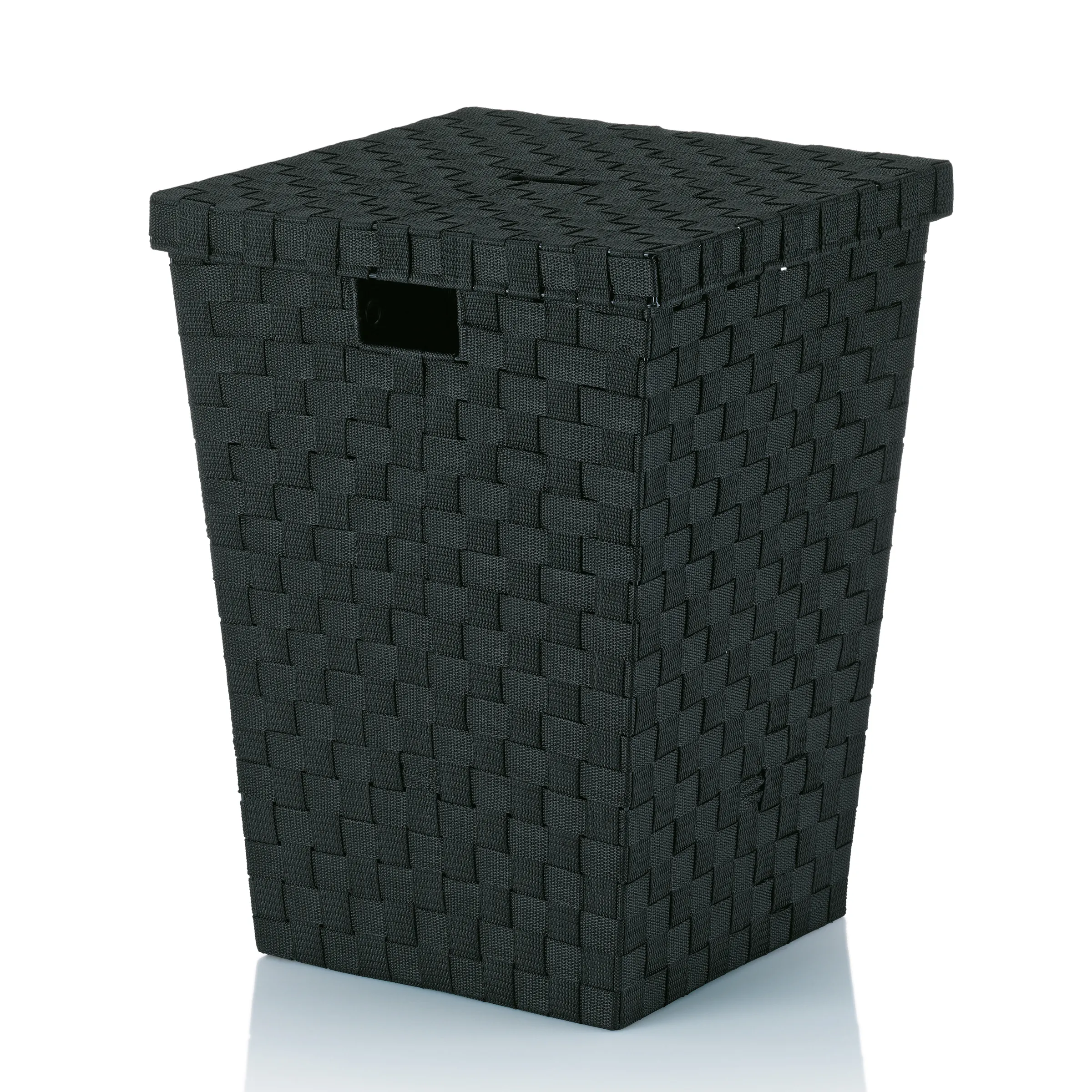 Geflochtene Aufbewahrungsbox mit Deckel - Dunkelgrauer Wäschekorb Dunkelgraue geflochtene Aufbewahrungsbox mit Deckel und Griffloch in quadratischer Form