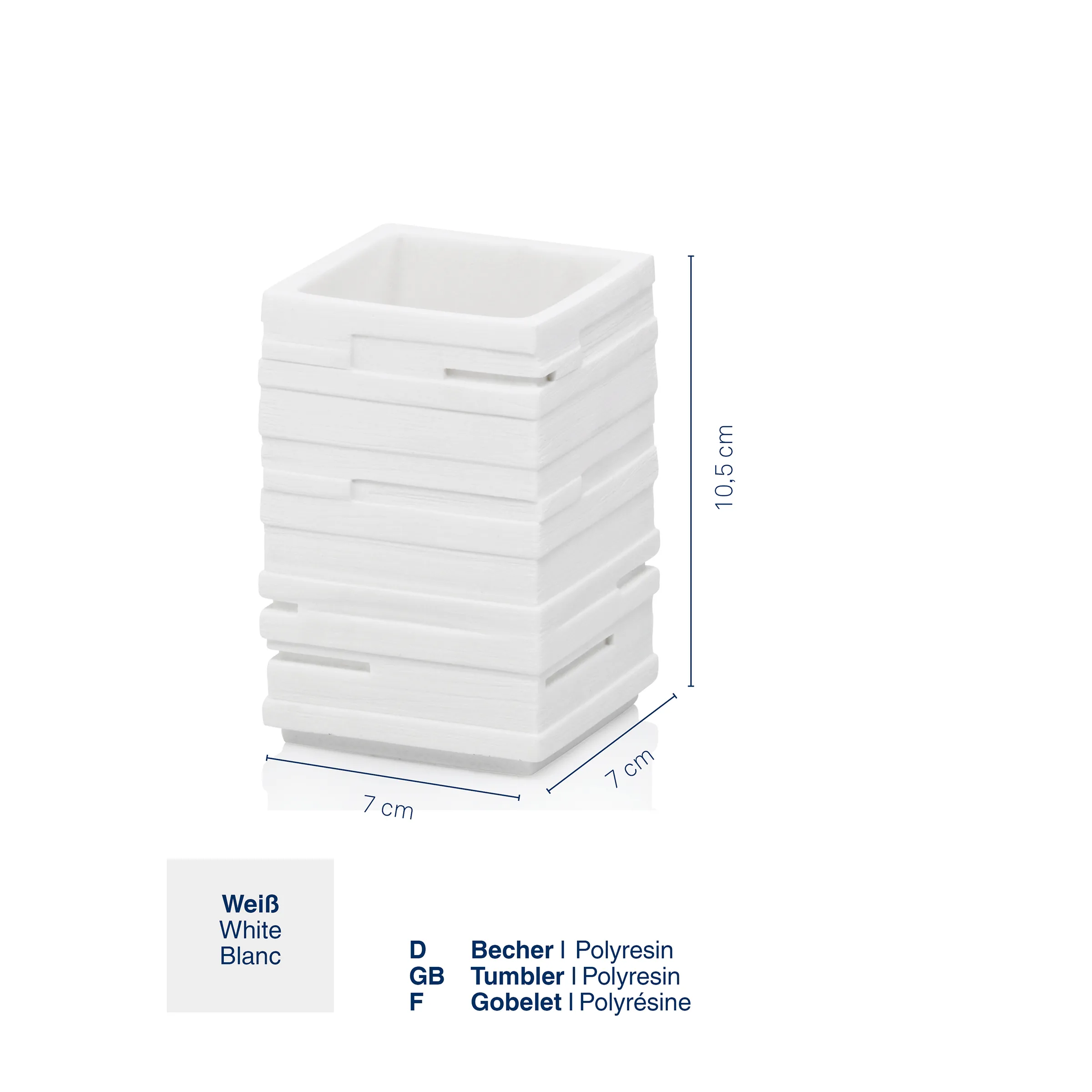 Weißer Polyresin Becher mit geriffelter Oberfläche - Badezimmer Zahnputzbecher Weißer quadratischer Becher aus Polyresin mit geriffelter Oberfläche, 10,5 cm hoch, 7 cm breit