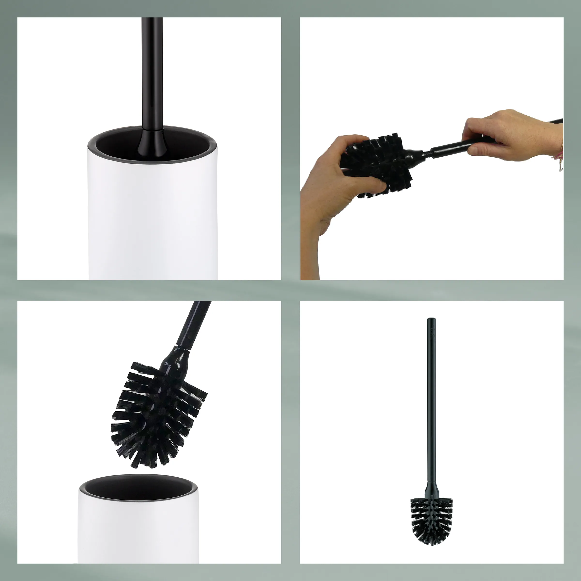 WC-Bürste schwarz-weiß - moderne Toilettenbürste mit Halter Schwarze WC-Bürste mit weißem Behälter, Detailansichten der Reinigungsbürste und Anwendung