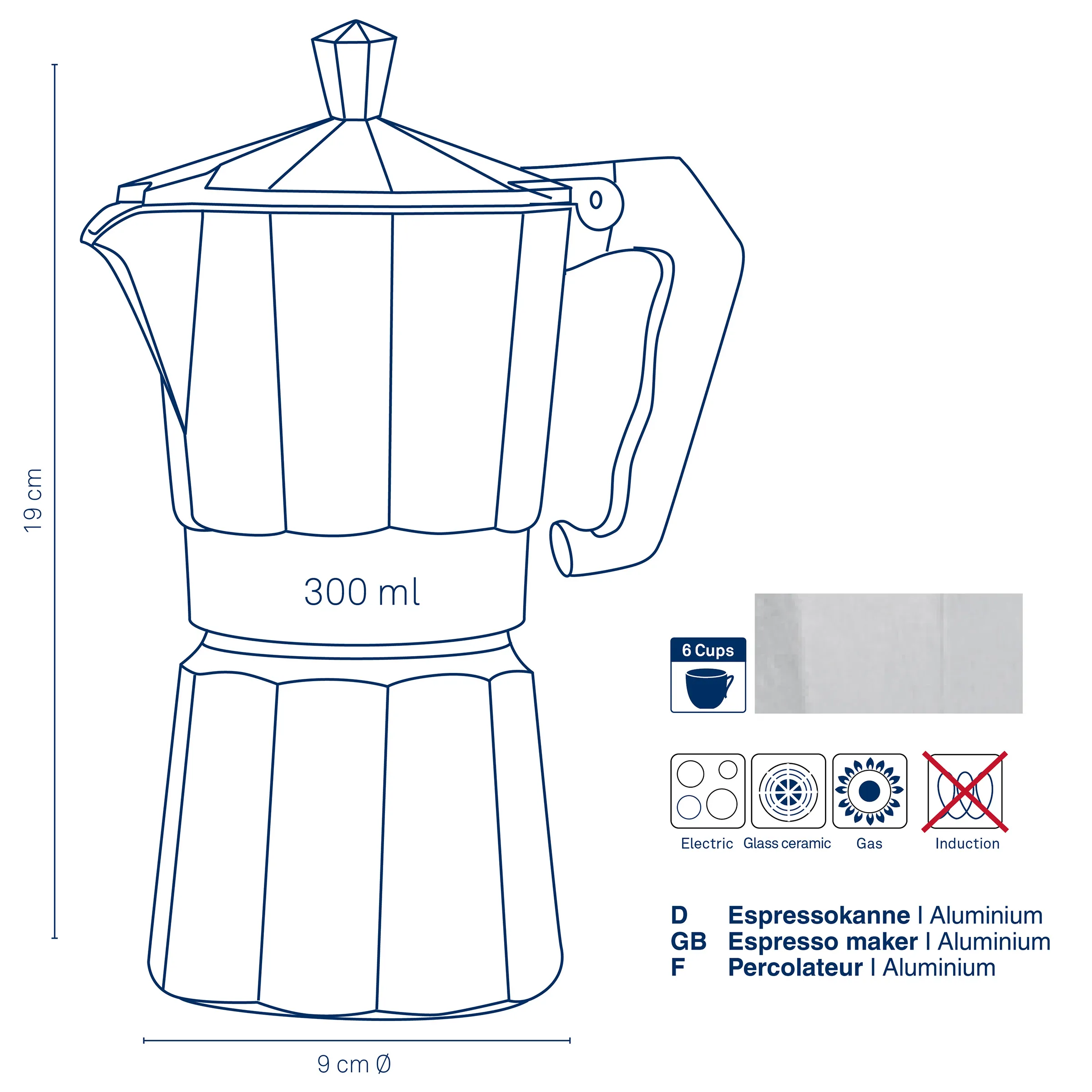Espressokanne Aluminium 300ml 6 Tassen - Moka Kaffeebereiter für alle Herdarten Aluminium Espressokanne 300ml für 6 Tassen, 19cm hoch, 9cm Durchmesser, für Elektro-, Gas- und Glaskeramikherd
