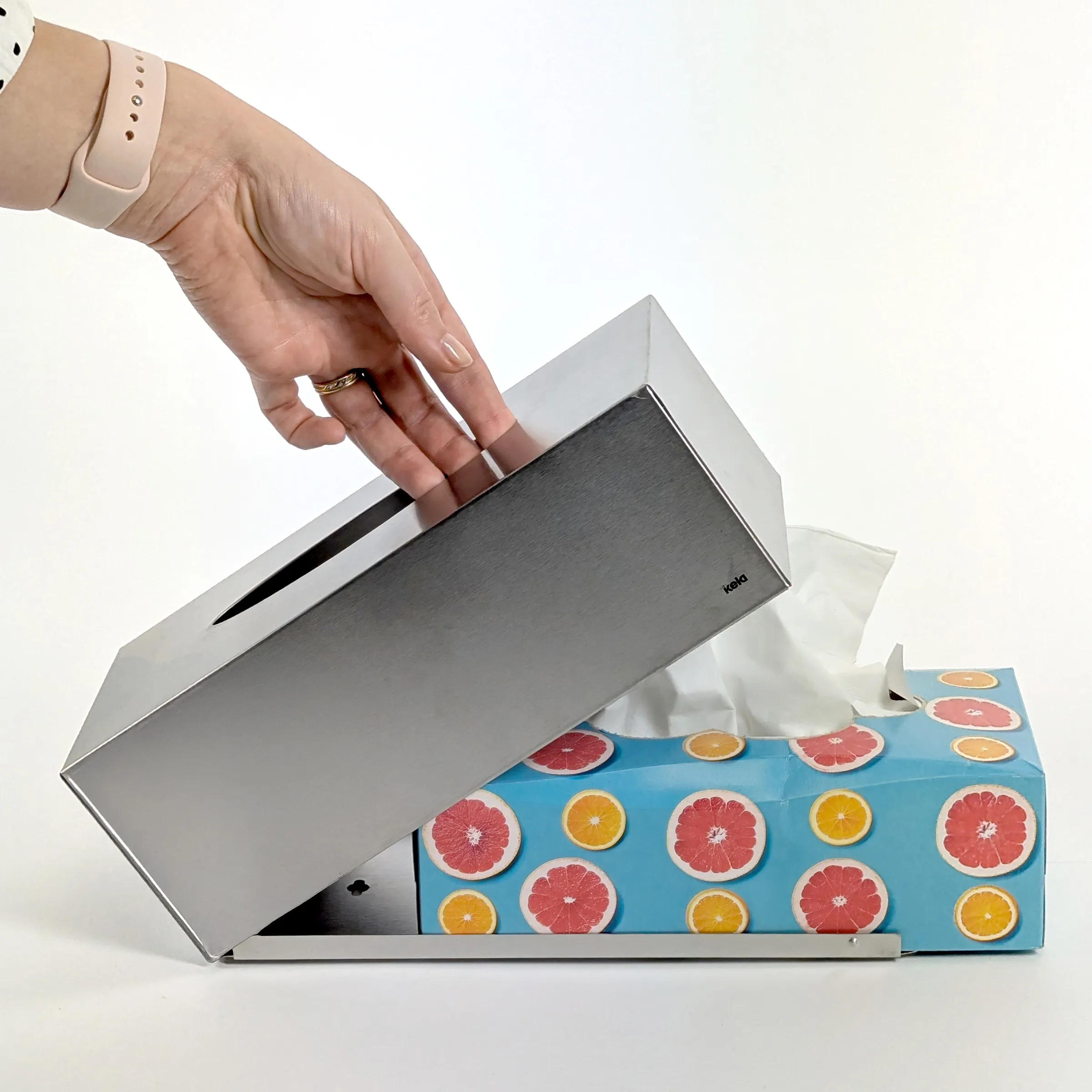 Folienschweißgerät Kooki – Vakuumiergerät für frische Lebensmittelverpackung Hand bedient modernen Folienschweißgerät von Kooki mit bunter Zitrus-Verpackung auf weißem Hintergrund