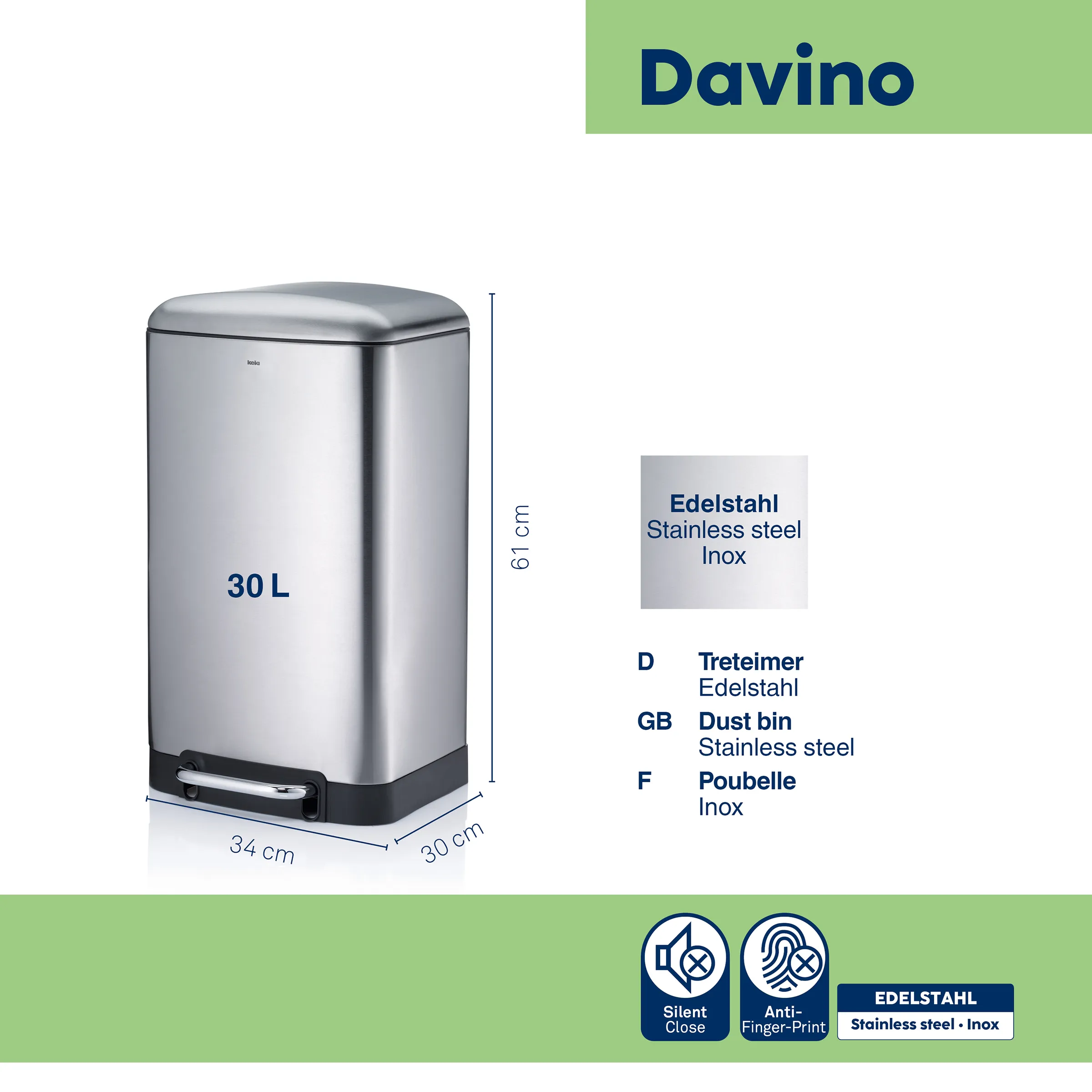 Davino Edelstahl-Treteimer 30L mit Silent Close - Mülleimer Edelstahl Davino Edelstahl-Treteimer 30L, 61 cm hoch, mit Silent Close und Anti-Fingerprint Beschichtung